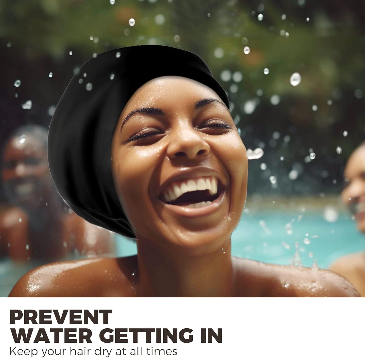Communicates that the product (swim cap) keeps hair dry during water activities, providing reassurance about its waterproof effectiveness.