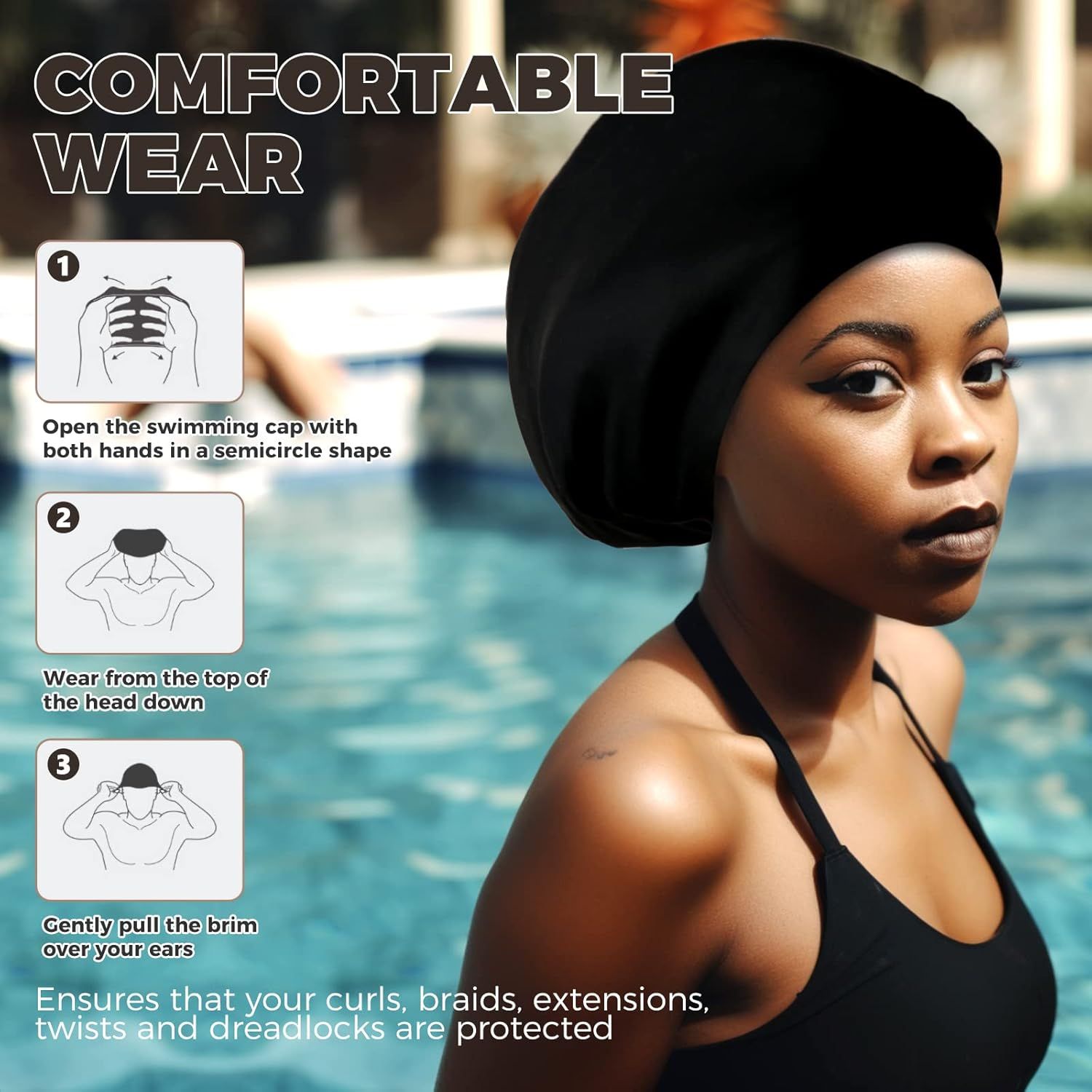 Demonstrates the simple 3-step process for putting on the swimming cap correctly, reassuring shoppers that it's easy to use and comfortable to wear while protecting hair. Highlights the primary…