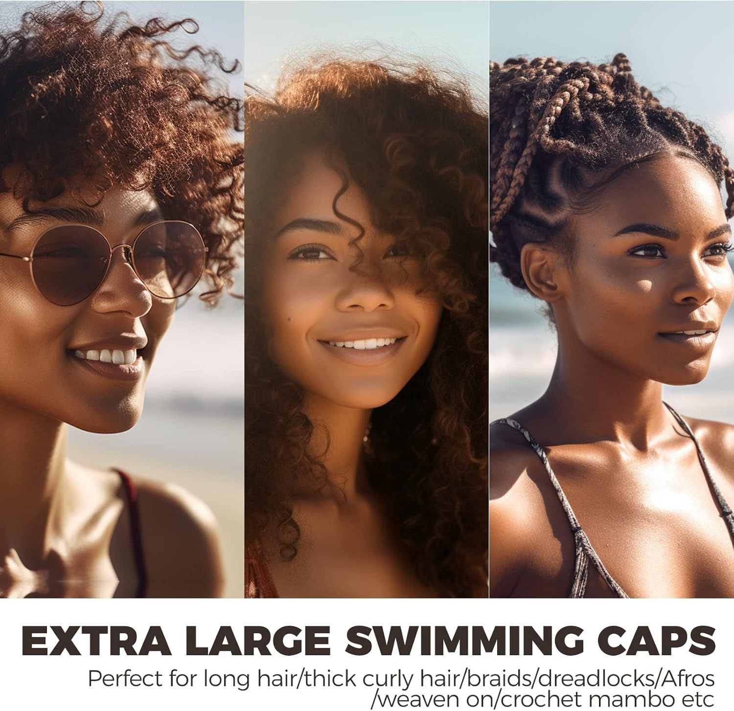 Communicates that the swimming caps are designed extra large to accommodate various long and textured hair types, reassuring shoppers with thick, curly, braided, or voluminous hair that the product…