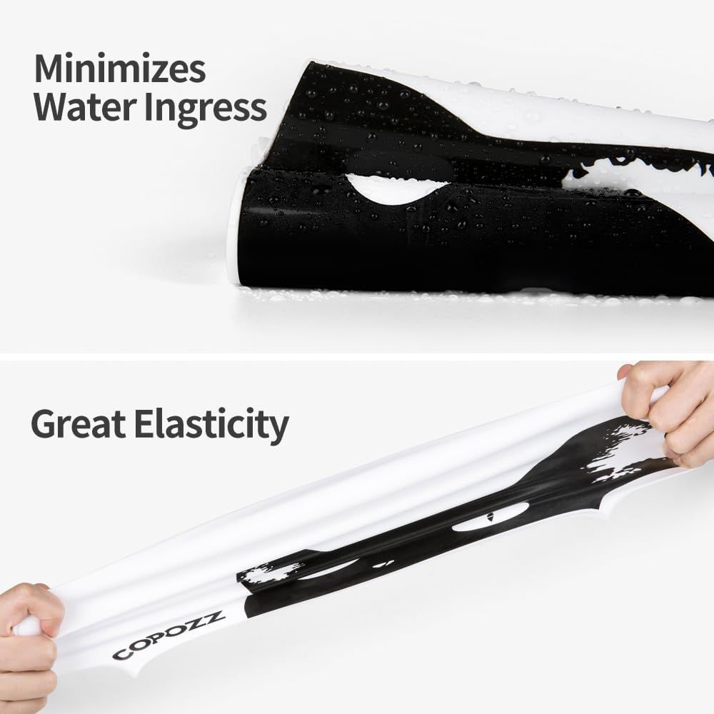 Communicates two distinct product benefits: the shoe's ability to minimize water ingress and the material's great elasticity, reassuring shoppers of durability and flexibility.