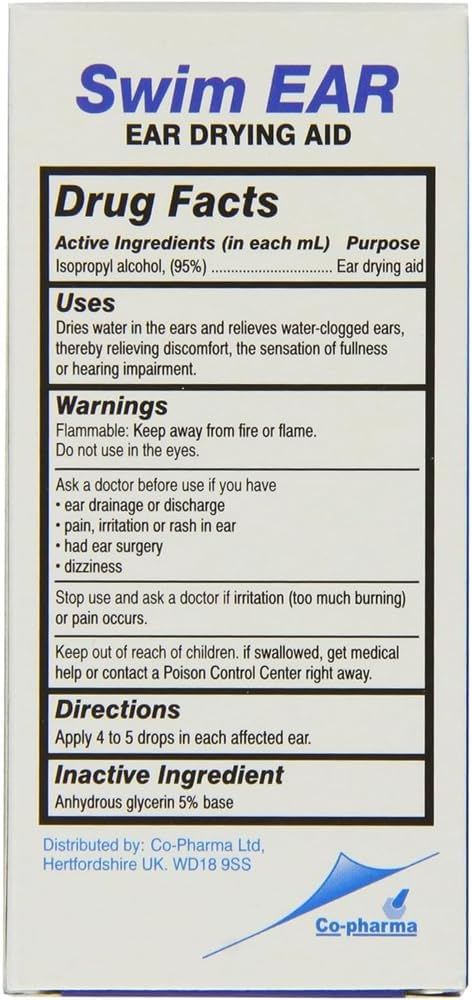Provides essential drug facts, usage instructions, warnings, and safety information to inform shoppers about proper use and precautions for this ear drying aid product.