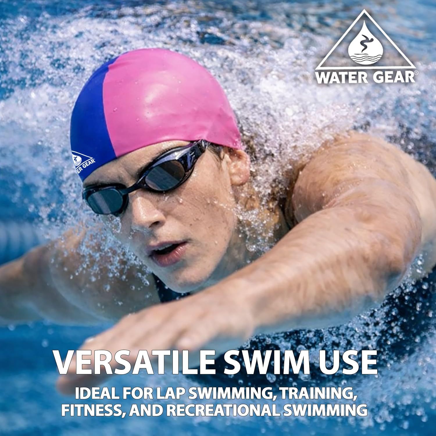 Demonstrates multiple use cases for the swim cap, showing it is suitable for lap swimming, training, fitness, and recreational swimming to communicate versatility and broad applicability.