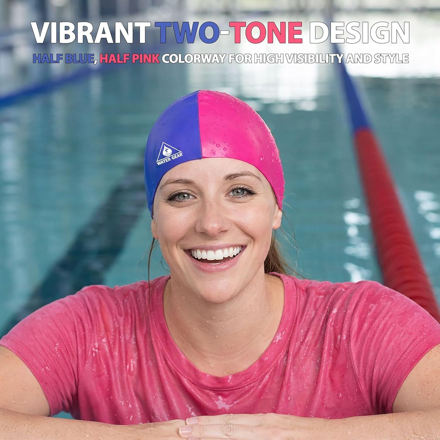 Highlights the vibrant two-tone colorway of the swim cap, emphasizing its high visibility and stylish design for swimmers.