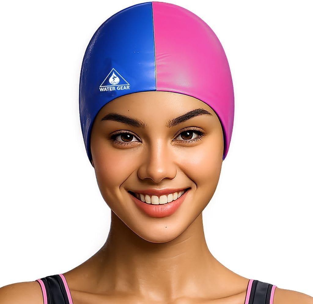 Shows the swim cap being worn by a happy user in a natural lifestyle context to help shoppers visualize the product in use and see the color options available.