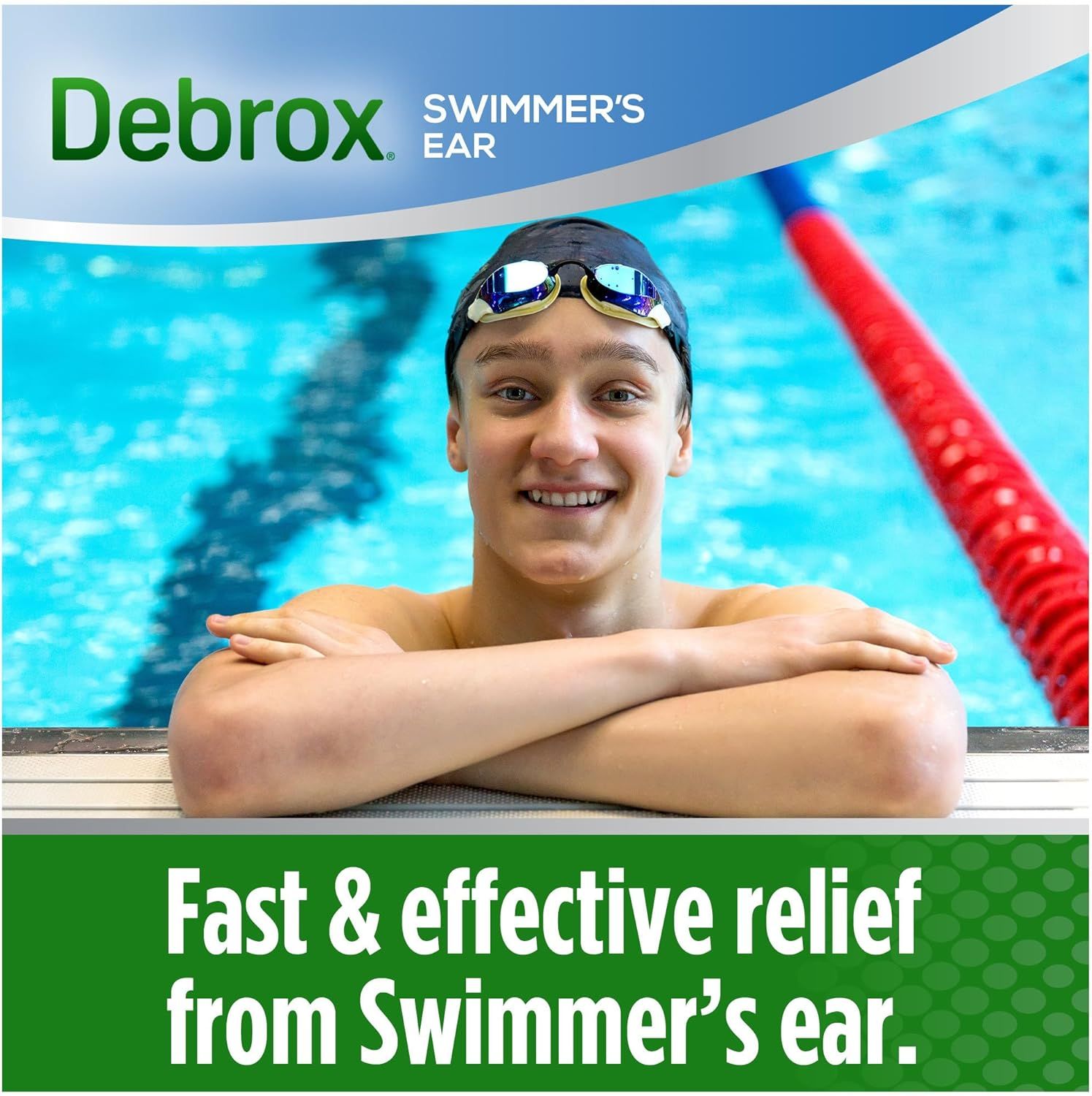 Demonstrates the specific use case for the product by showing a swimmer in a pool environment, communicating that this product is designed for swimmers who need ear relief. Communicates the core…