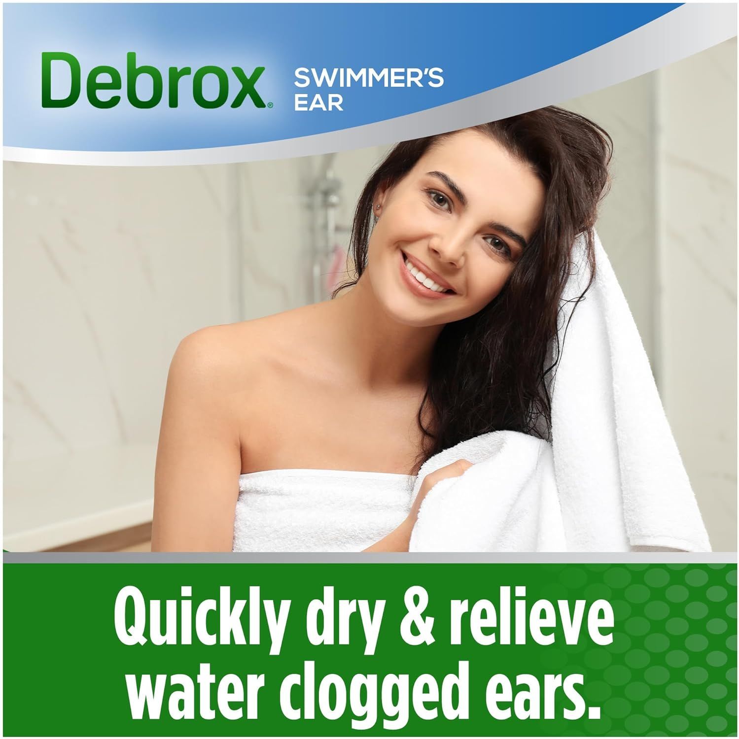 Communicates the primary benefit of the product—quickly drying and relieving water clogged ears after swimming or bathing—to reassure shoppers of its effectiveness.