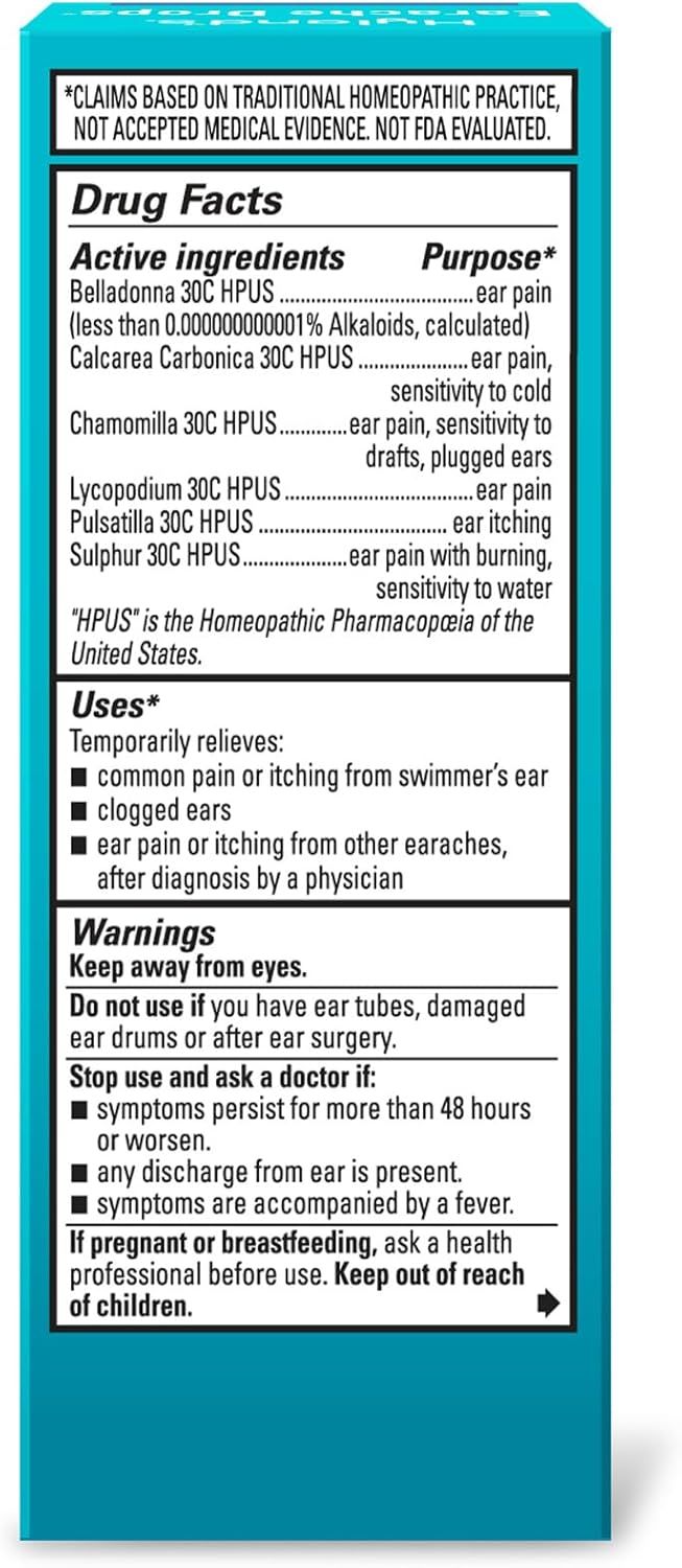 Displays the required regulatory Drug Facts panel on the product packaging, providing shoppers with active ingredients, uses, warnings, and safety information for an ear pain relief product.