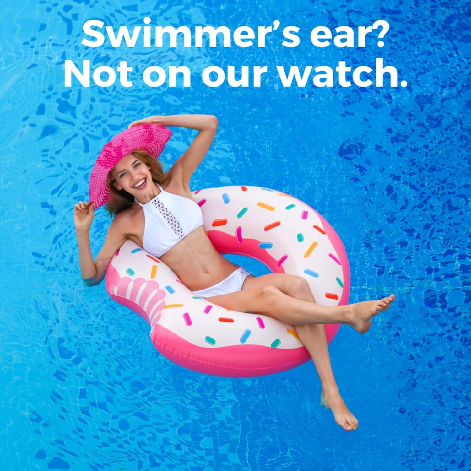 Communicates that the product (likely ear drops or ear protection) prevents swimmer's ear, reassuring pool-goers and swimmers that they can enjoy water activities without worry.