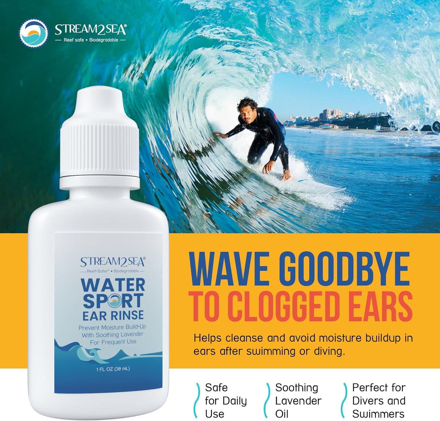 Communicates multiple distinct benefits of the ear rinse product in a segmented layout, showing it's safe for daily use, contains soothing lavender oil, and is ideal for water sports enthusiasts.