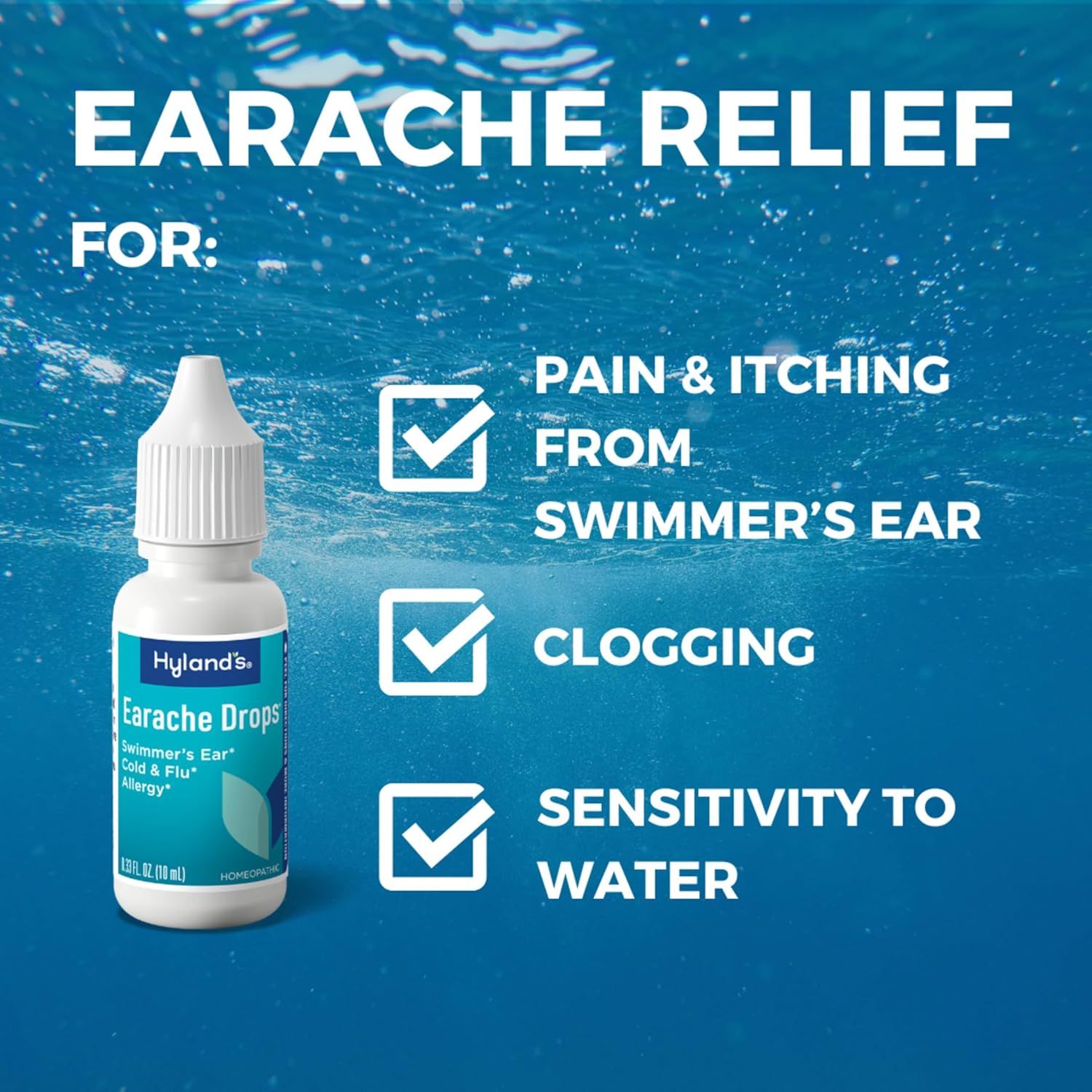 Communicates that the earache drops provide relief for three distinct ear-related problems: pain and itching from swimmer's ear, clogging, and sensitivity to water.