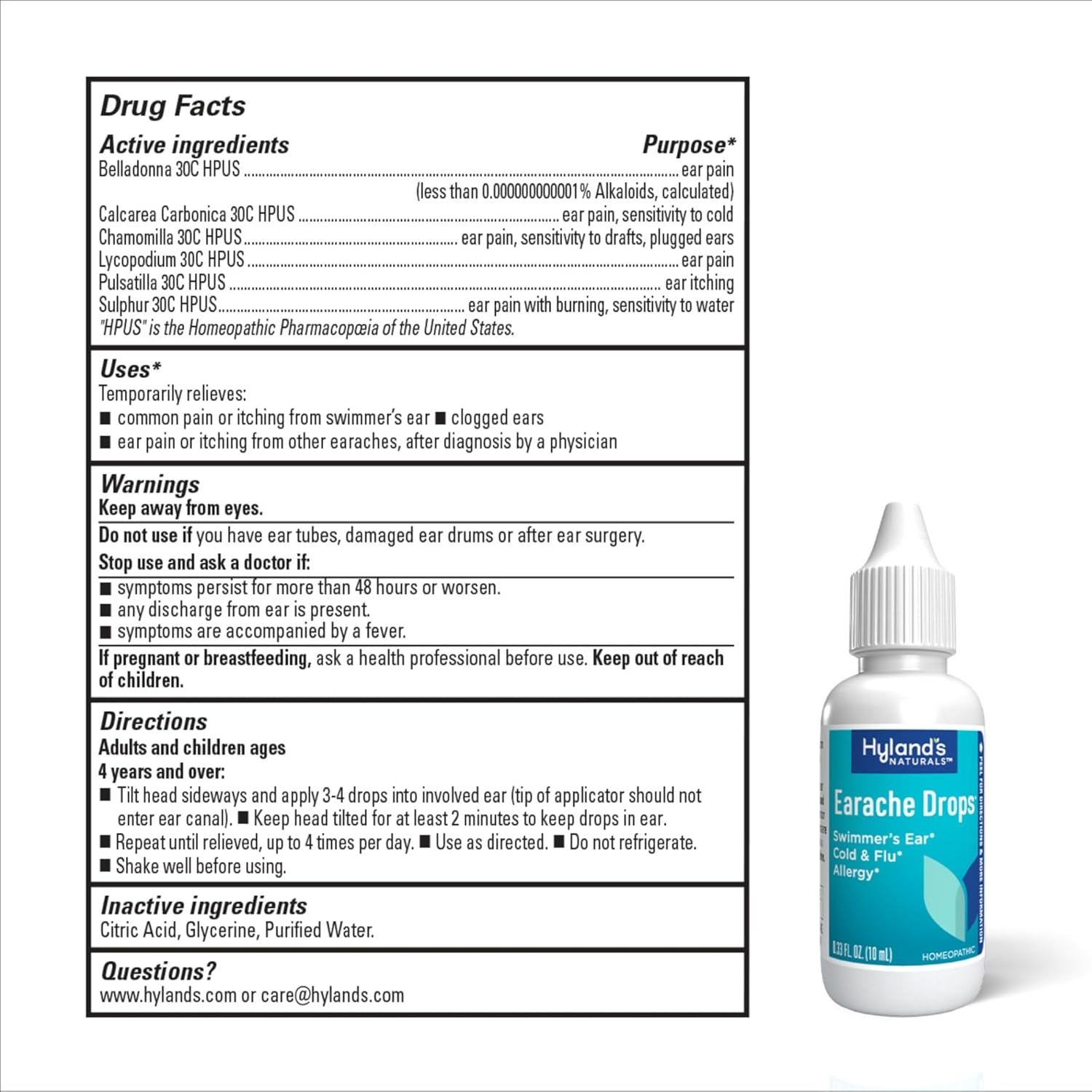 Provides detailed drug facts, warnings, and step-by-step directions for how to properly use the earache drops, reassuring shoppers about safe and effective application.