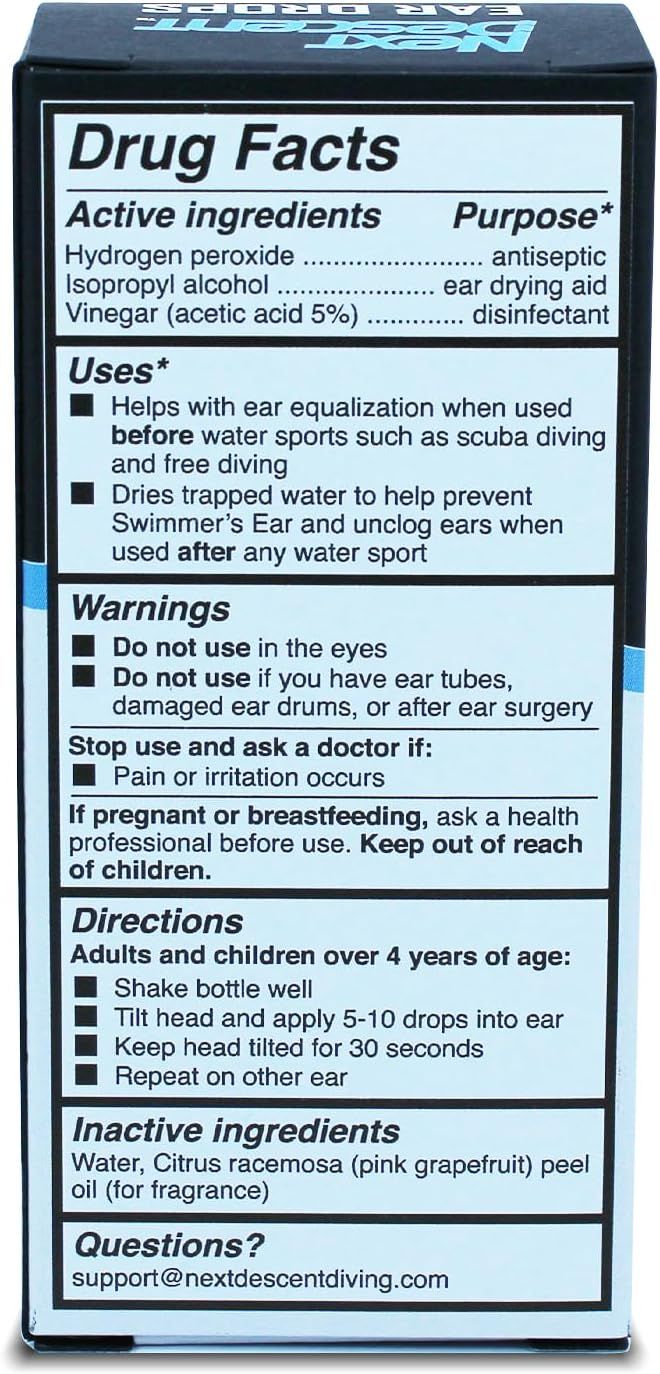 Provides detailed step-by-step directions on how to properly use the ear drops, including when to use them (before/after water sports), safety warnings, and application technique. Communicates…