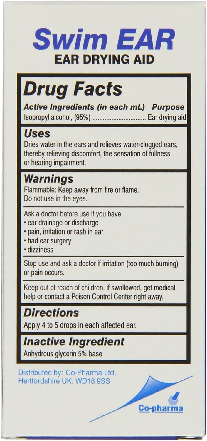 Provides comprehensive usage instructions, drug facts, warnings, and directions to educate the shopper on how to safely and effectively use the ear drying aid product.