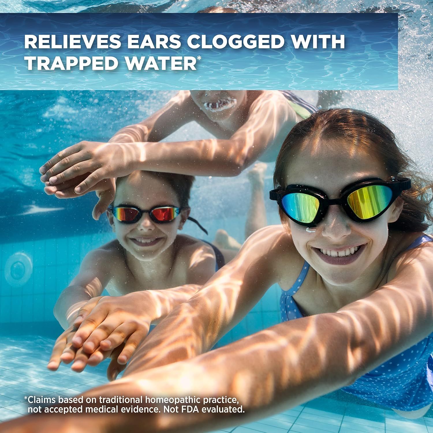 Communicates the primary benefit of the product — relieving ears clogged with trapped water — in a relatable swimming context to reassure shoppers of its effectiveness.