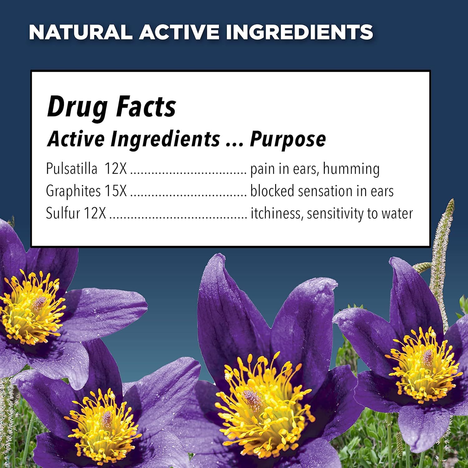 Communicates the natural active ingredients in the product and their specific therapeutic purposes to reassure shoppers about the product's formulation and effectiveness for ear-related symptoms.