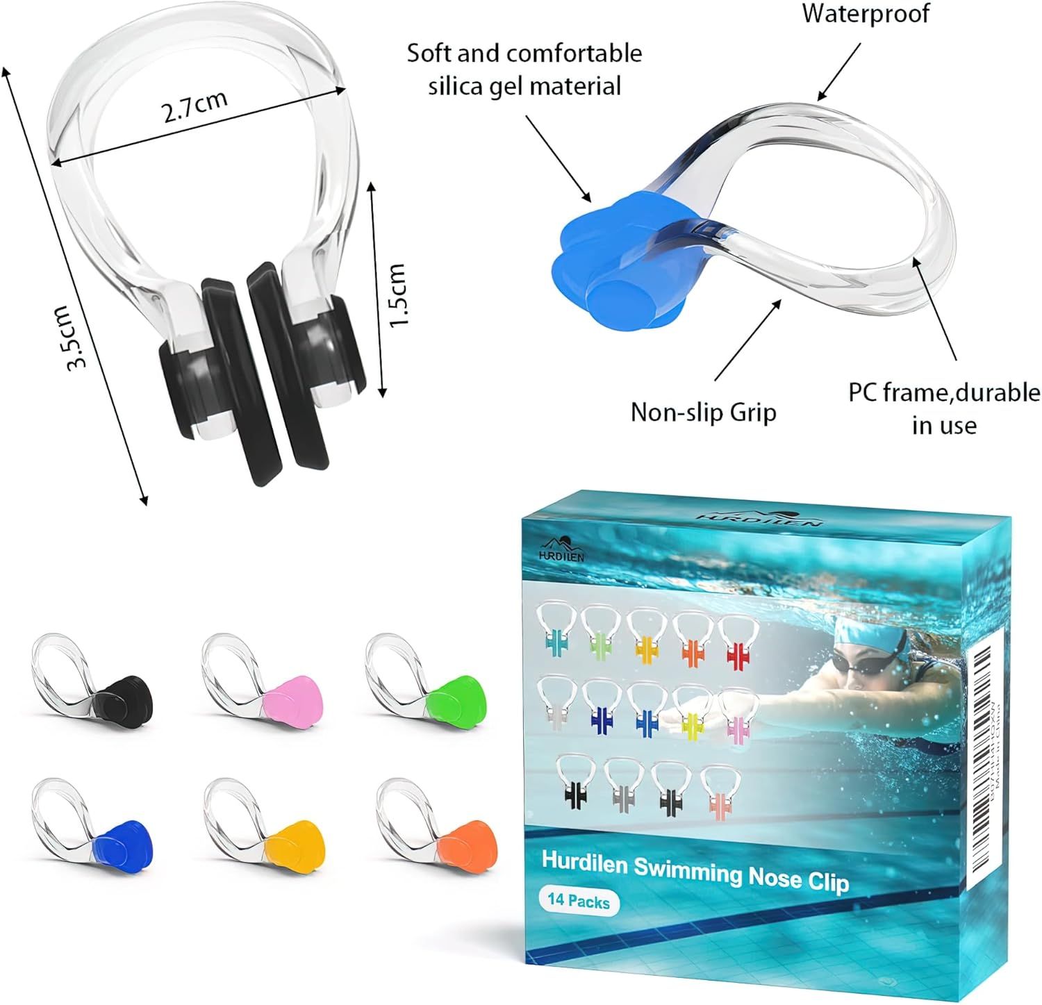 This image breaks down the physical components and materials of the swimming nose clip, showing shoppers exactly what parts make up the product and their key material properties. Shows the complete…