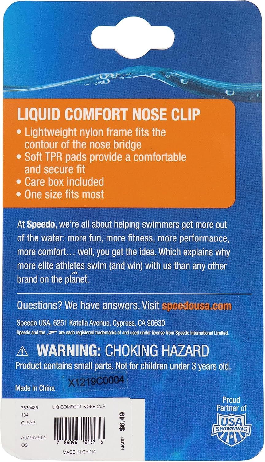 Communicates multiple distinct benefits of the nose clip in a bulleted list format to help shoppers understand the key features and what comes with the product. Reinforces the Speedo brand identity…