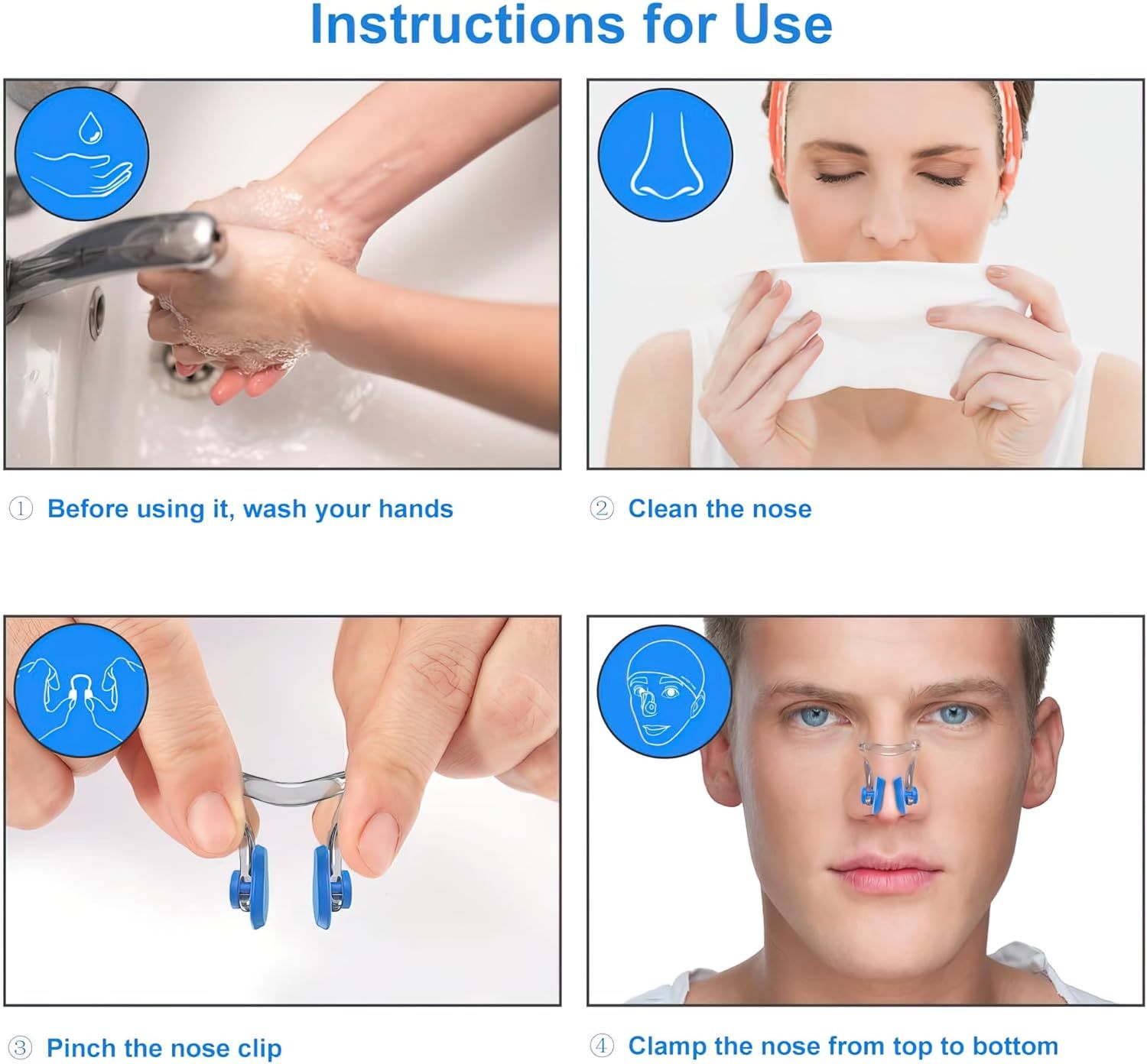 Provides clear sequential instructions on how to properly use the nose clip product, from preparation through application, ensuring correct usage and effectiveness.