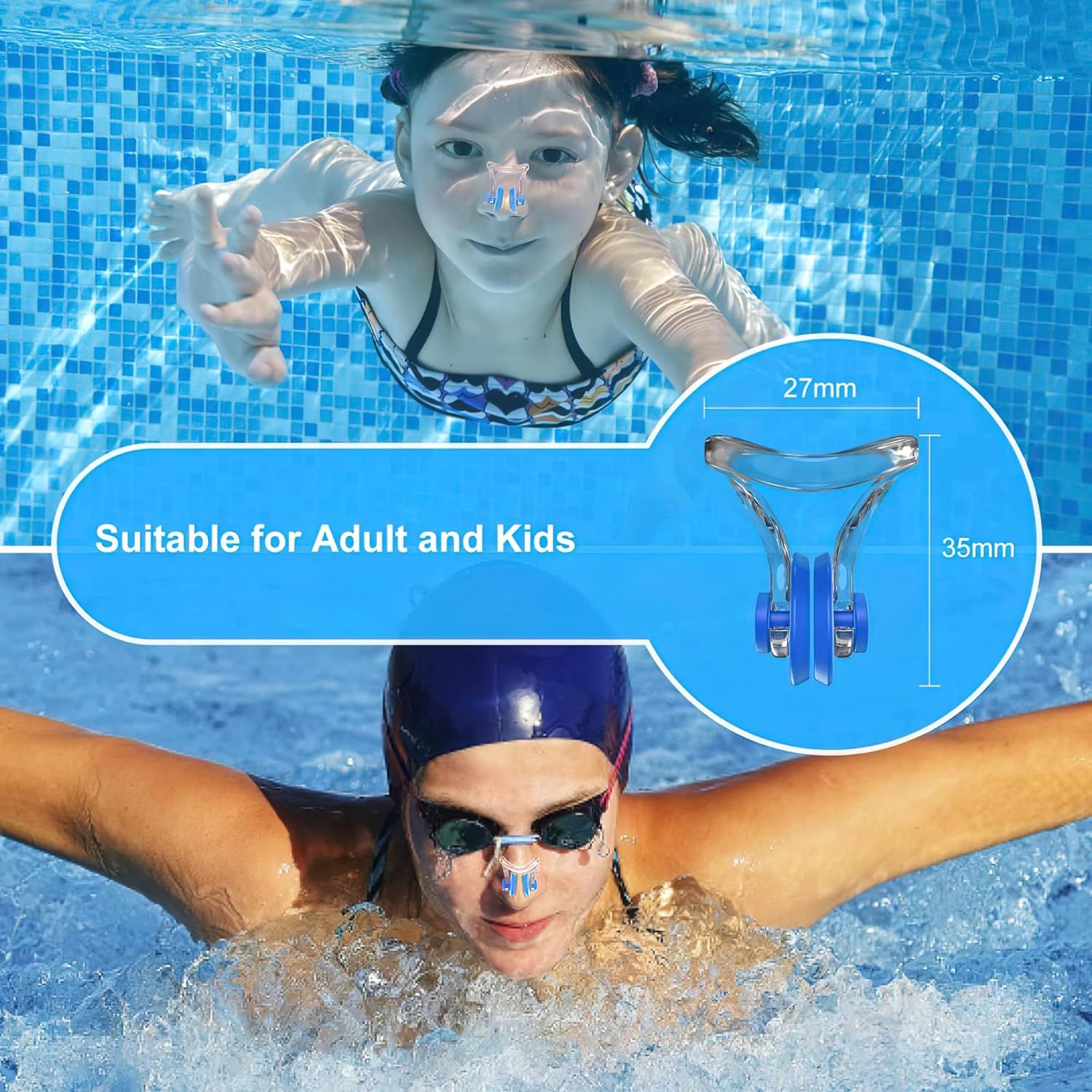 Shows the exact physical dimensions of the nose clip (27mm x 35mm) to help shoppers understand the size and reassure them it fits both adults and kids. Demonstrates that the product is suitable for…
