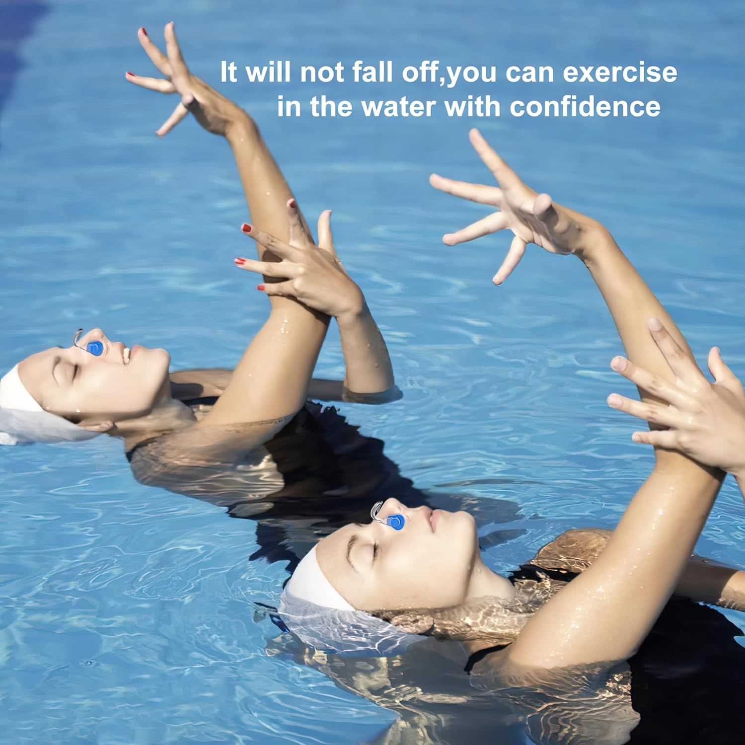 Demonstrates that the product (appears to be waterproof earbuds or similar wearable) stays securely in place during water activities, reassuring shoppers they can exercise in water with confidence.