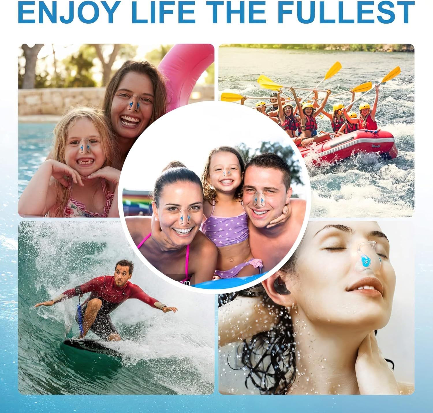 Demonstrates the product can be used across multiple water-based activities and scenarios, from pools to rivers to ocean surfing, showing versatility for active lifestyles.