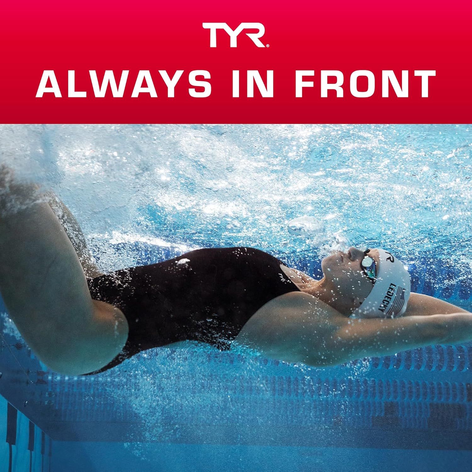 Communicates the brand's core identity and positioning with the tagline 'ALWAYS IN FRONT' to establish TYR as a leader in competitive swimwear and build emotional connection with…