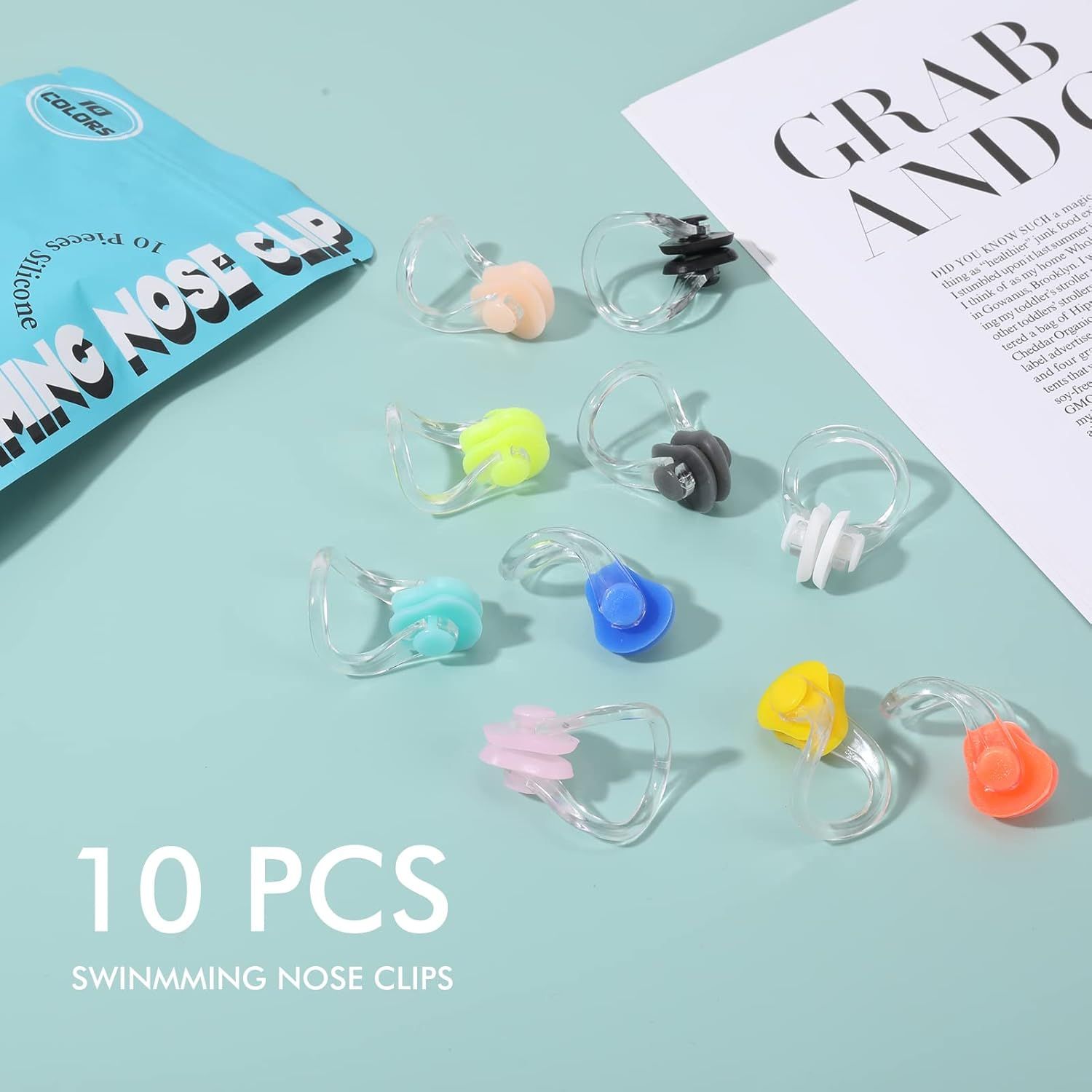 Shows the customer exactly what they receive in the package—10 swimming nose clips in various colors—to communicate value and variety.