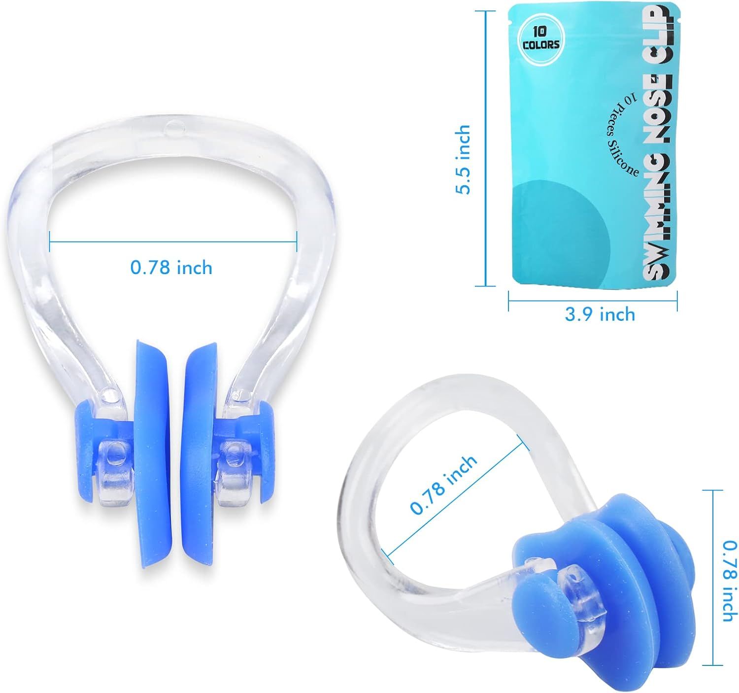 Communicates the exact physical dimensions of the nose clip product to help shoppers understand its size and fit, showing measurements from multiple angles with dimension arrows.