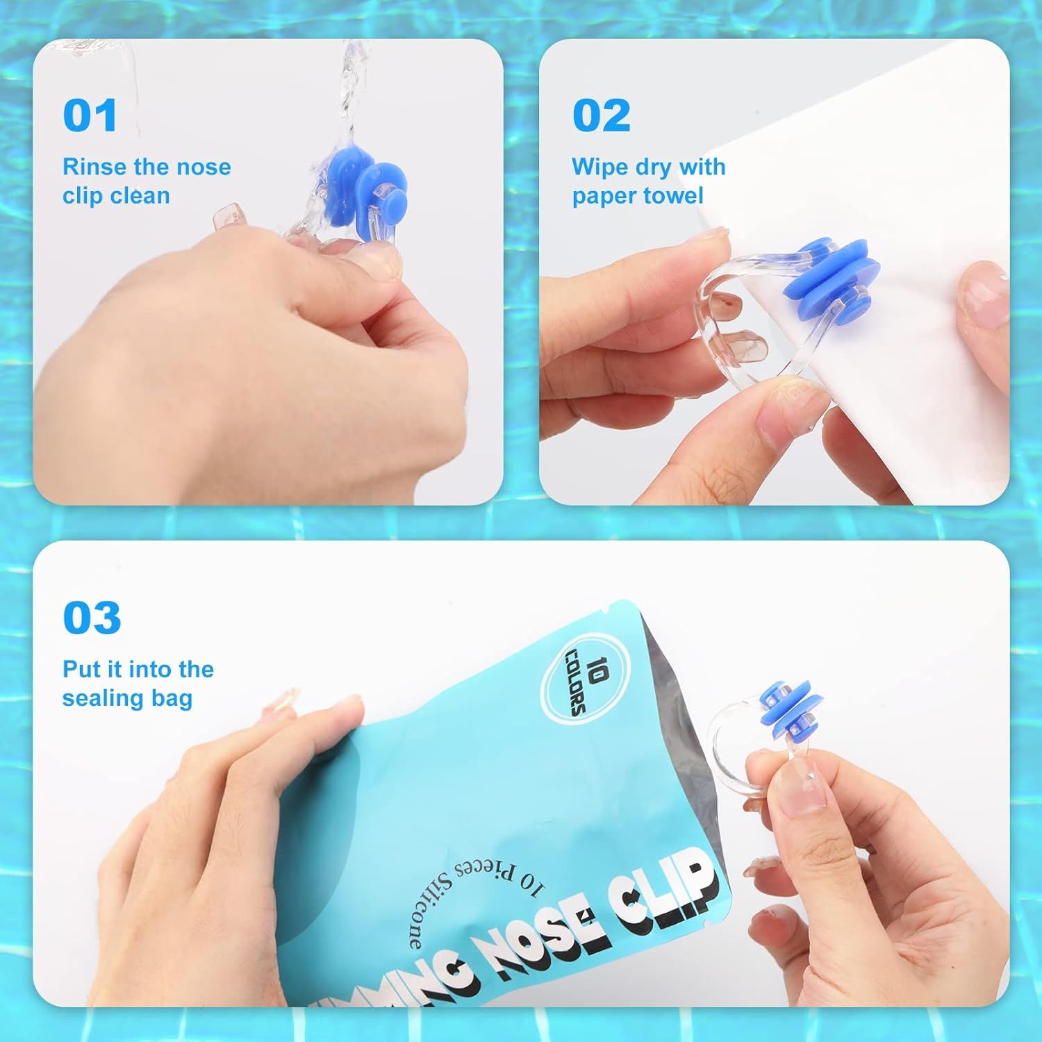 Demonstrates the step-by-step process for cleaning and storing a nose clip, helping shoppers understand proper care and maintenance procedures.