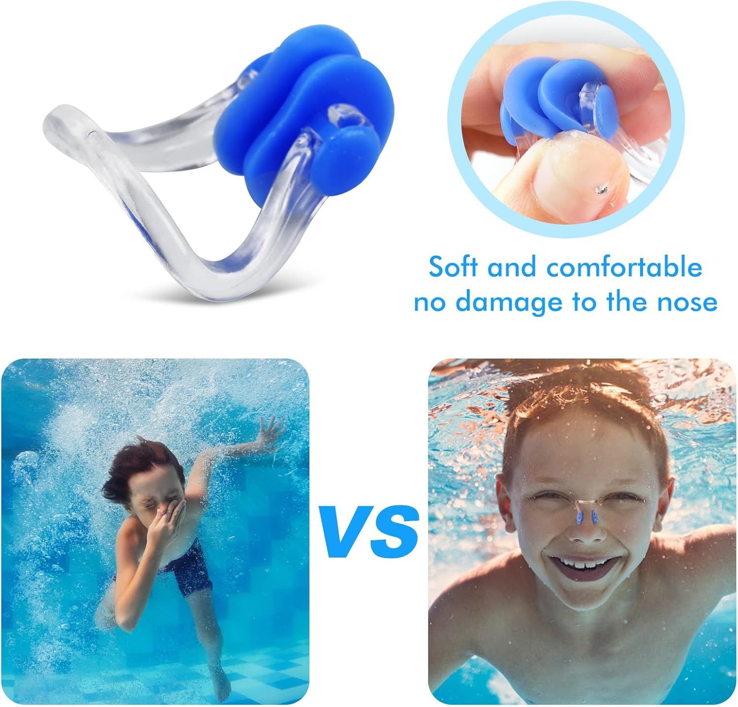 Communicates that the nose clip is made from soft, comfortable materials that won't damage or hurt the nose, providing reassurance about comfort and safety during use. Demonstrates the product's…