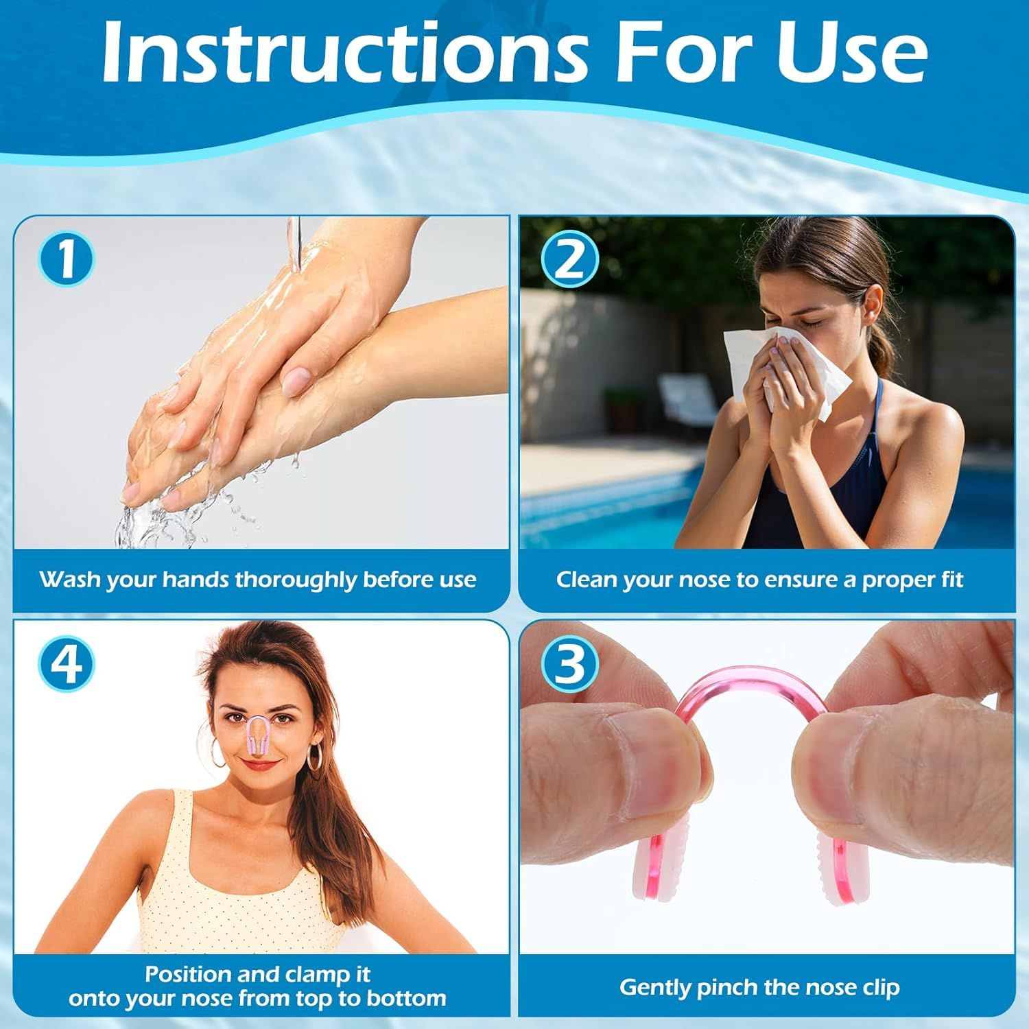 Provides clear, numbered instructions on how to properly use the nose clip product, from preparation through application, ensuring correct usage and fit.