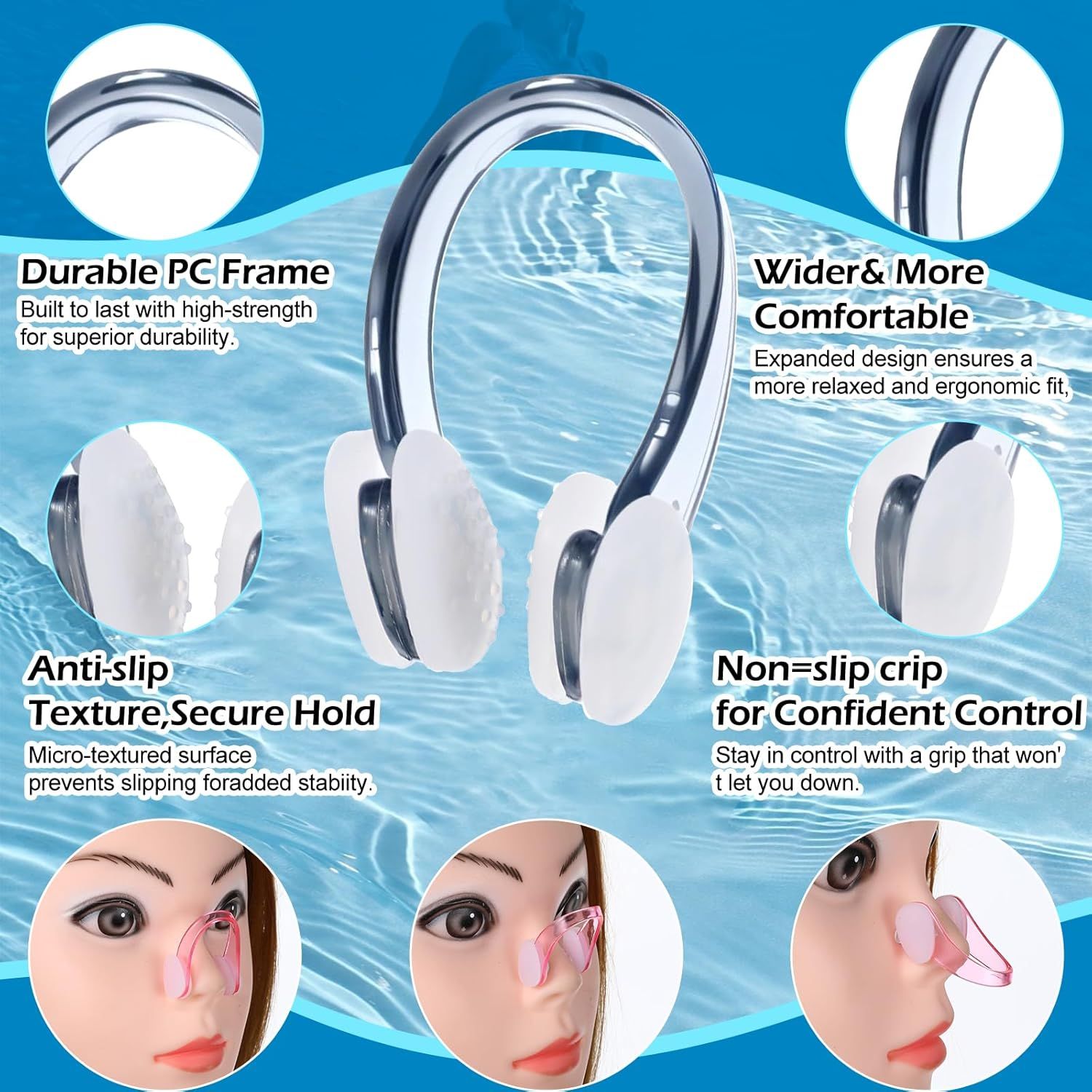 This image breaks down the physical components and design features of the nose clip product, using zoom circles and callouts to highlight the durable frame, ergonomic width, anti-slip texture, and…