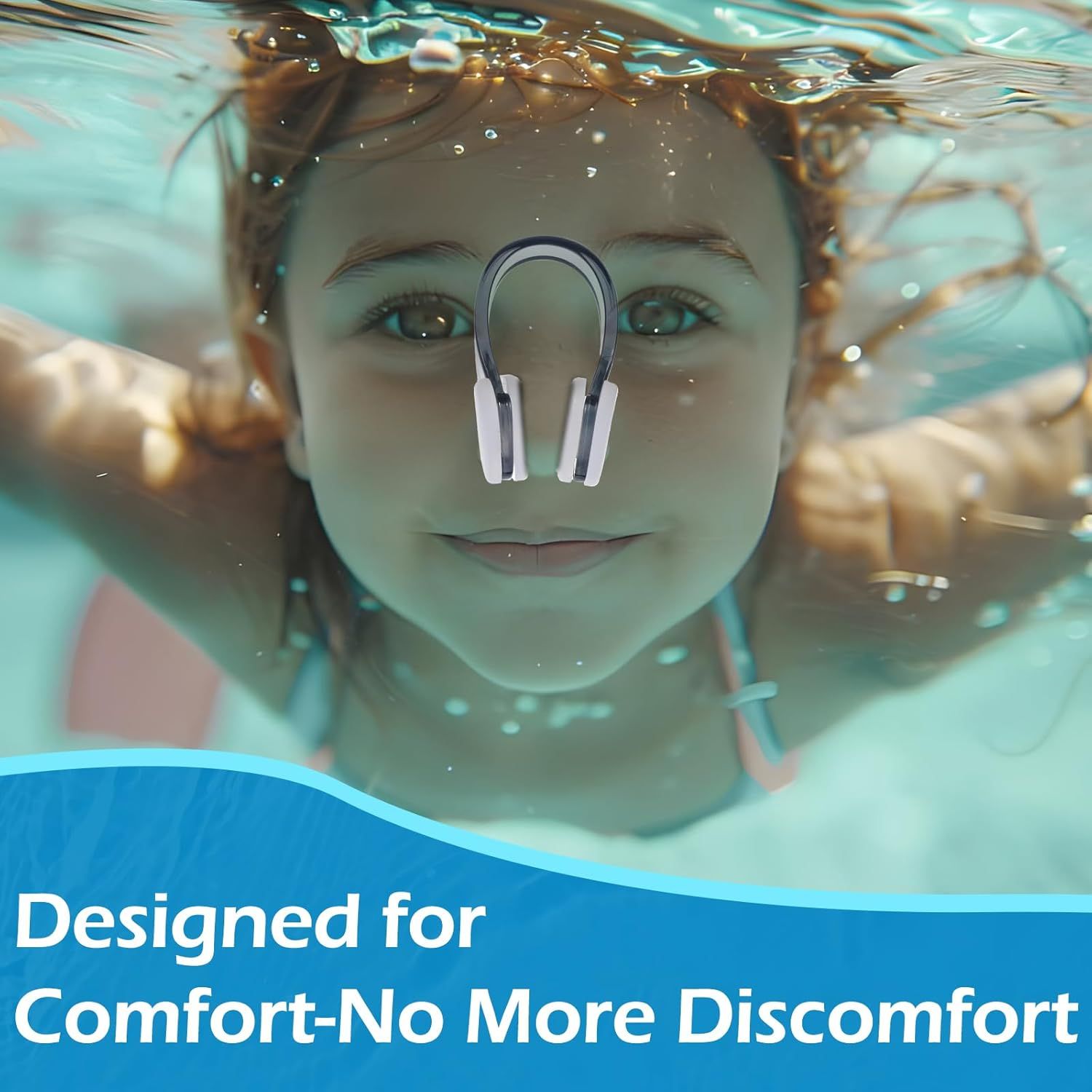 Demonstrates the product's comfortable fit and waterproof capability by showing it in an underwater lifestyle context, reassuring shoppers that the headphones are designed for all-day comfort even…