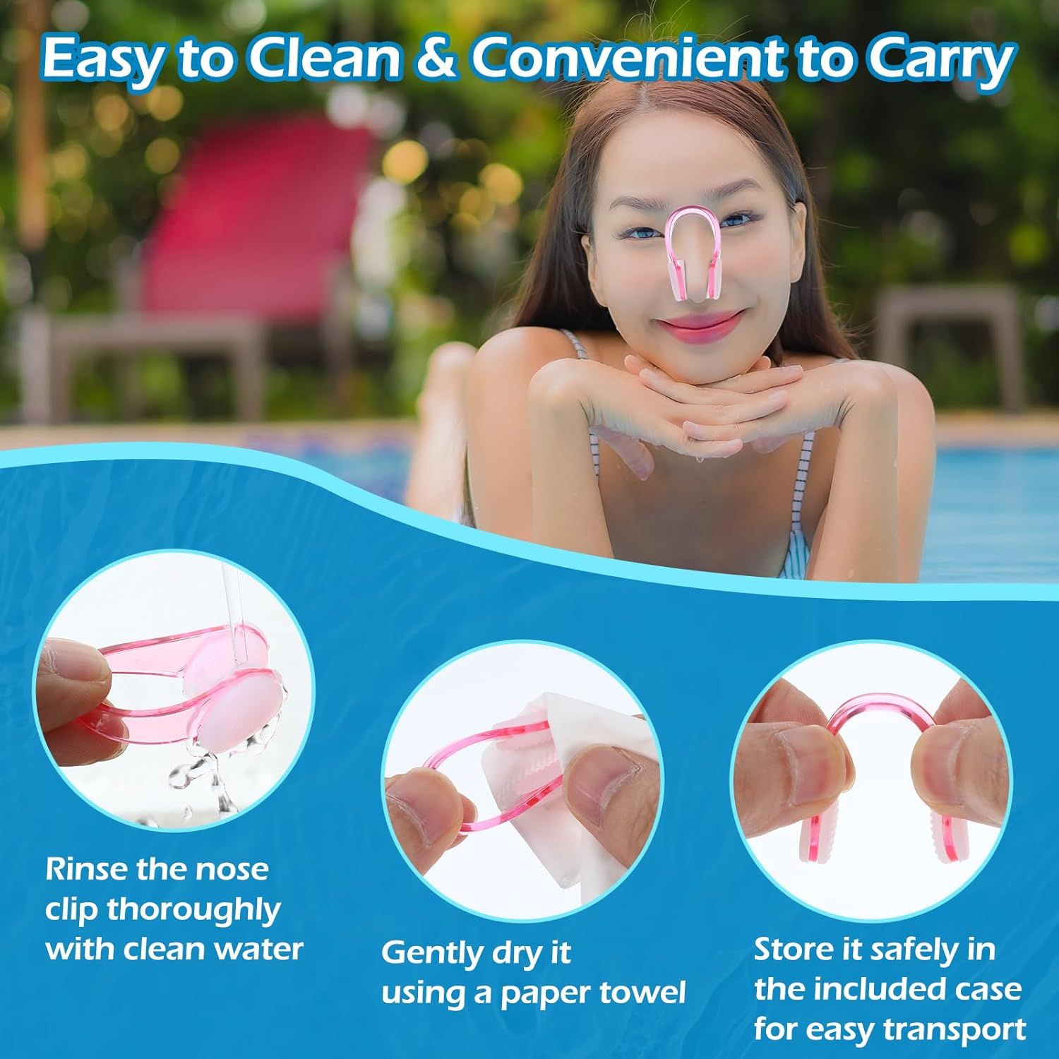 This image demonstrates the step-by-step process for cleaning and maintaining the nose clip product, reassuring shoppers that it's easy to care for and portable. Highlights multiple product benefits…