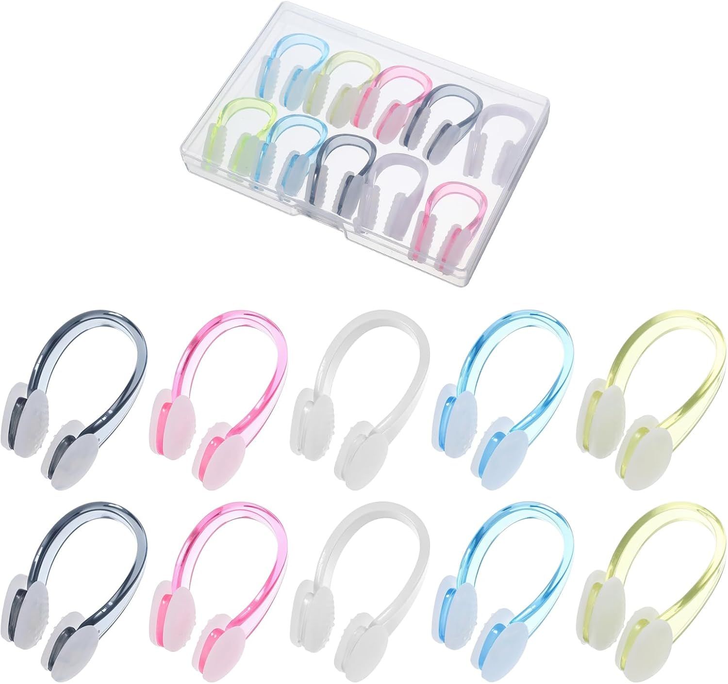 Shows the customer everything included in the purchase: multiple colored nose clips organized in a storage case, demonstrating the variety and quantity received.