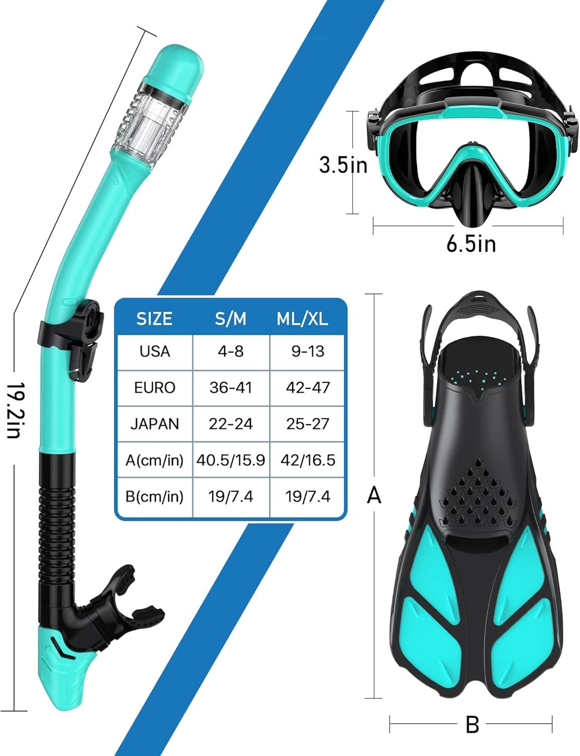 Provides exact physical measurements of the snorkel, mask, and fins, along with a comprehensive sizing chart to help shoppers select the correct size based on USA, Euro, and Japan sizing standards.