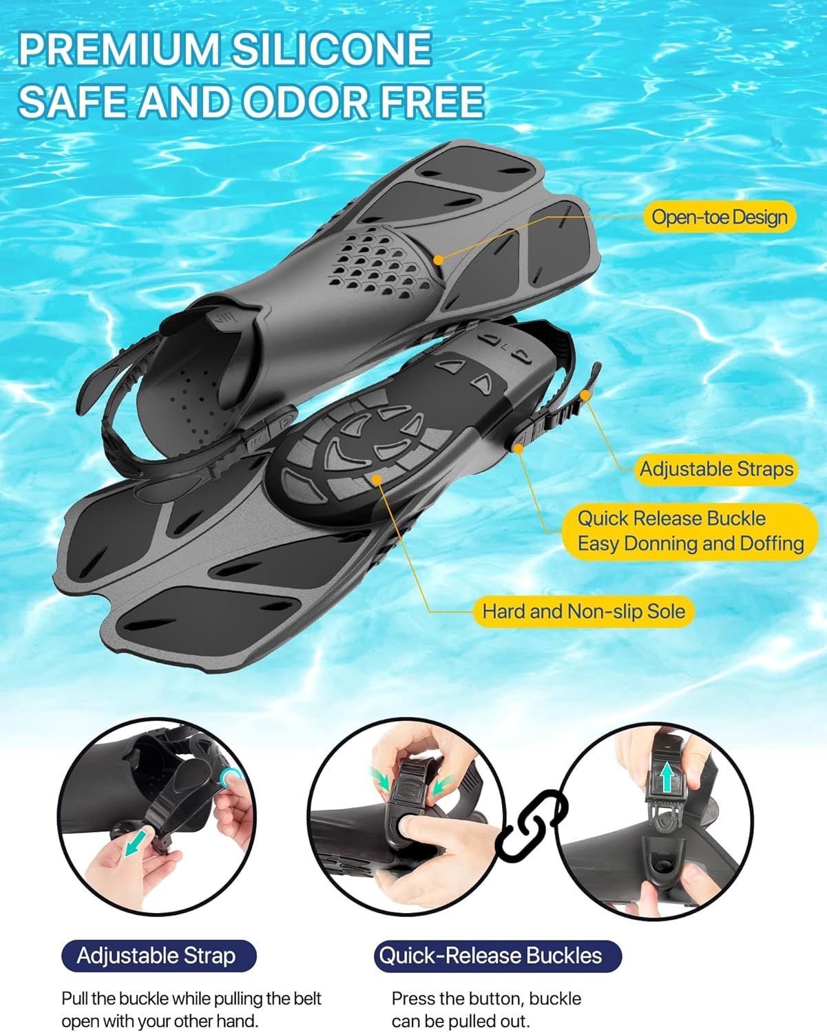 Breaks down the physical components and structural features of the swim fins to help shoppers understand the product's construction and design elements. Demonstrates how to adjust the straps and use…