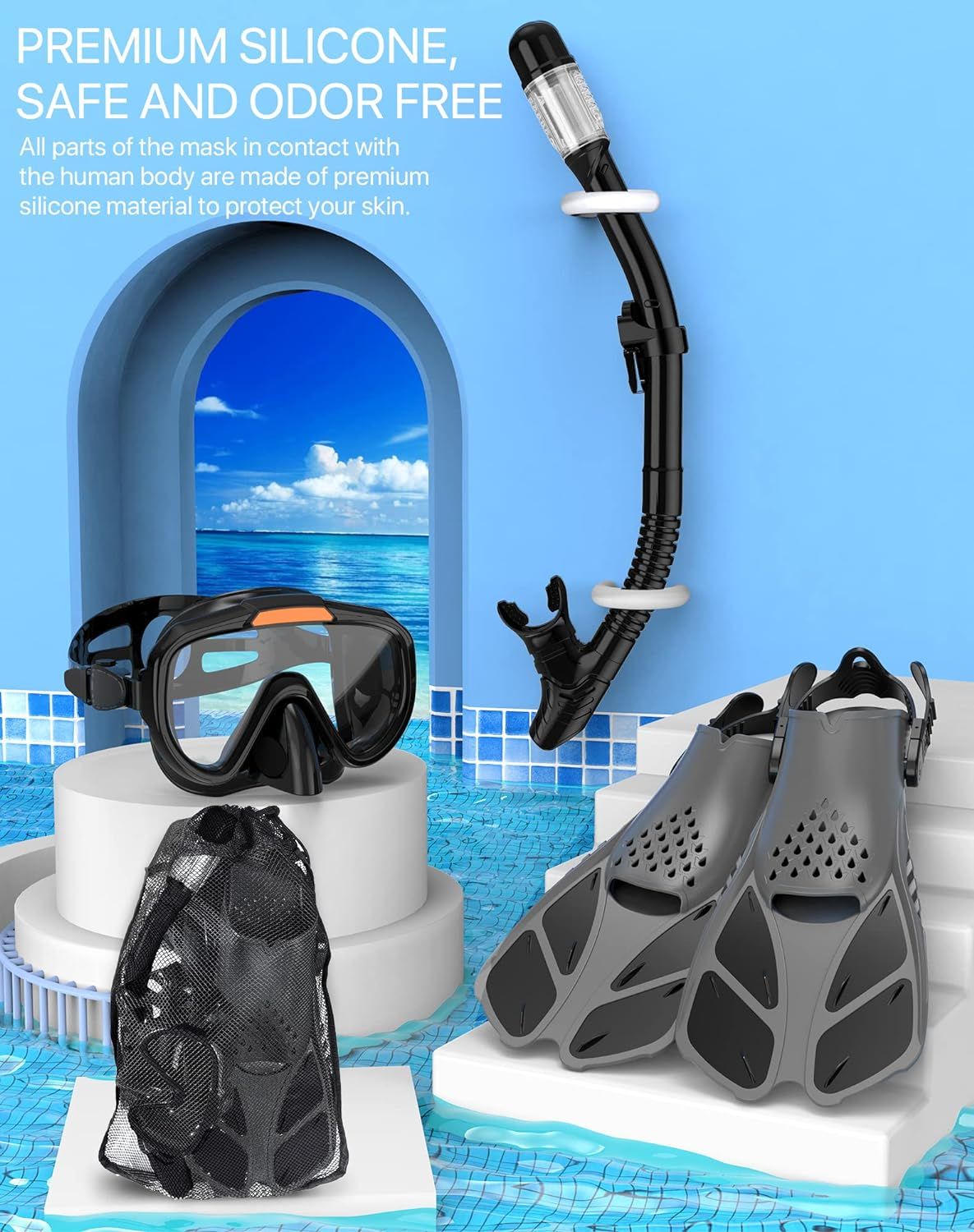 Shows all the items included in the snorkel set purchase (mask, snorkel, fins, and carrying bag) to help shoppers understand the complete package they will receive. Reassures shoppers that the mask…