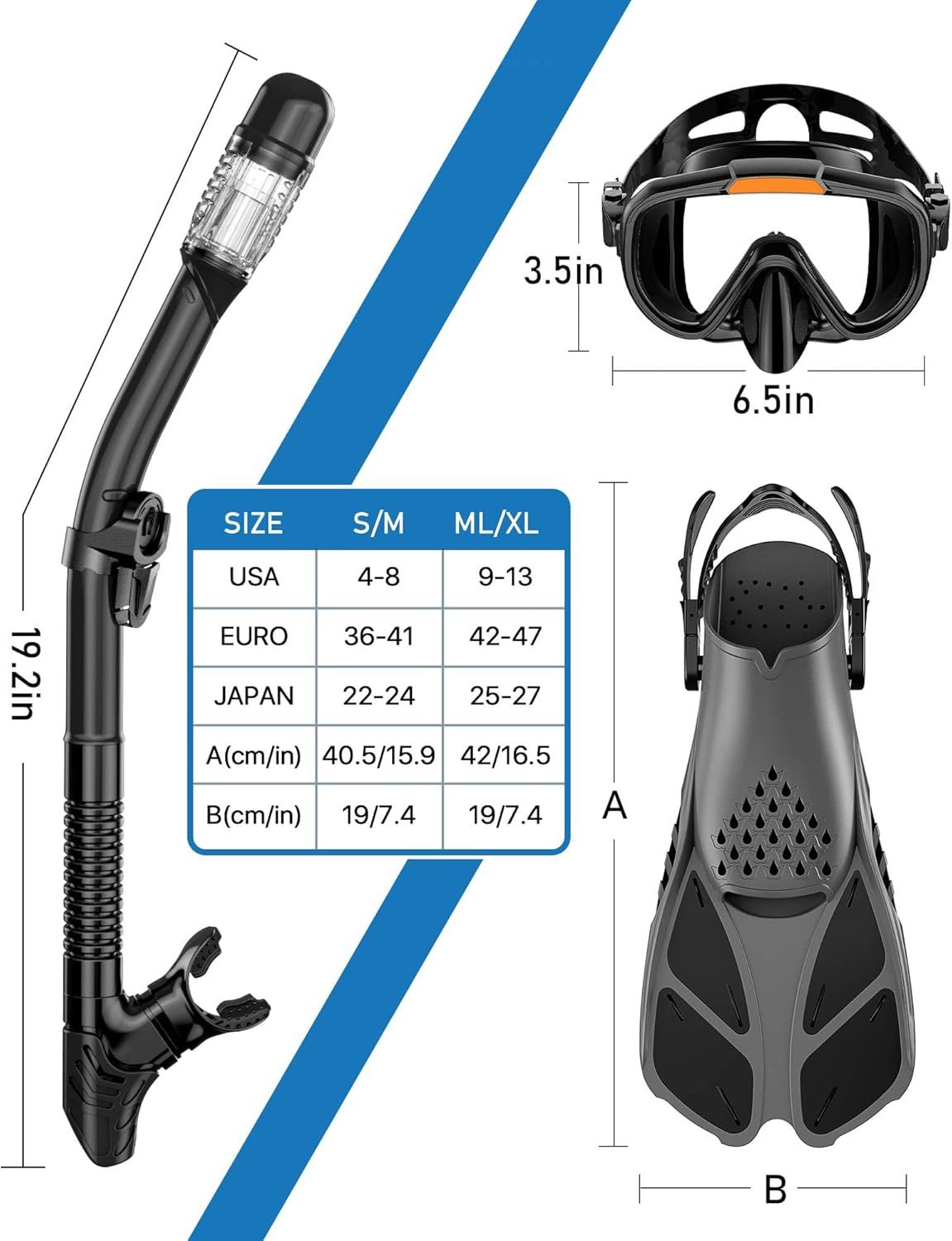 Provides exact physical measurements of the snorkel, mask, and fins, along with a detailed sizing chart to help shoppers select the correct size for their needs.