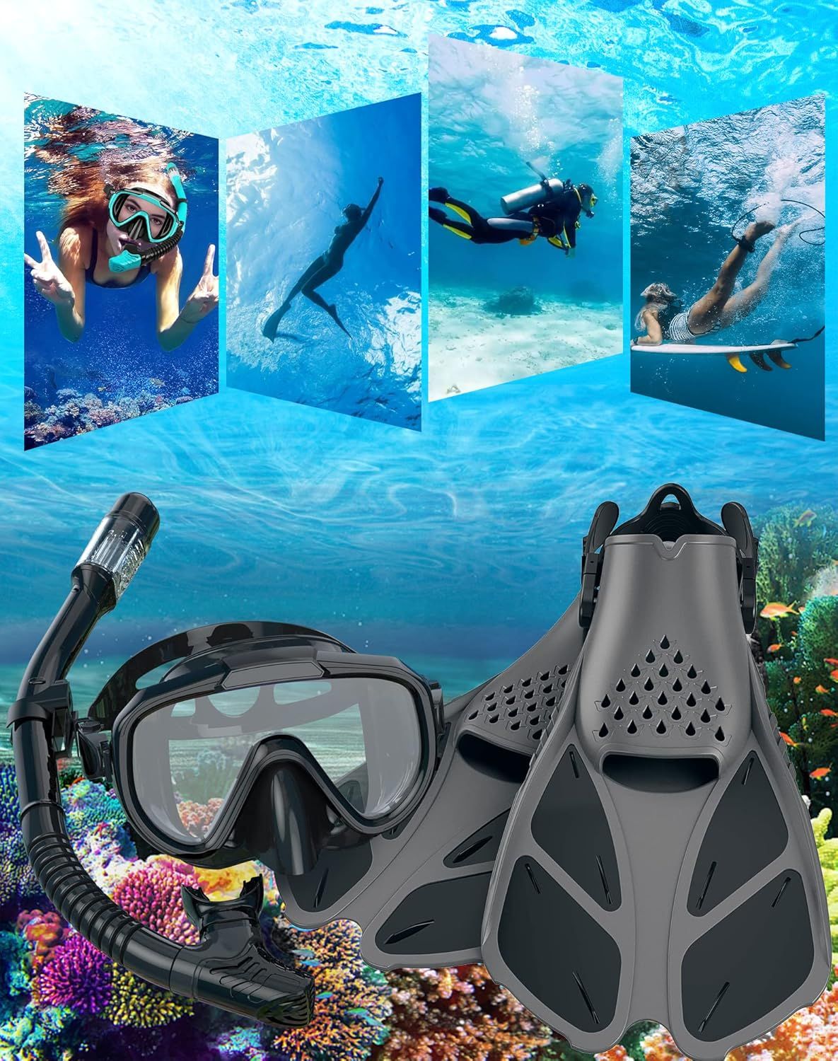 Demonstrates the versatility of the snorkel gear by showing it can be used across multiple underwater activities and scenarios, from casual snorkeling to scuba diving.