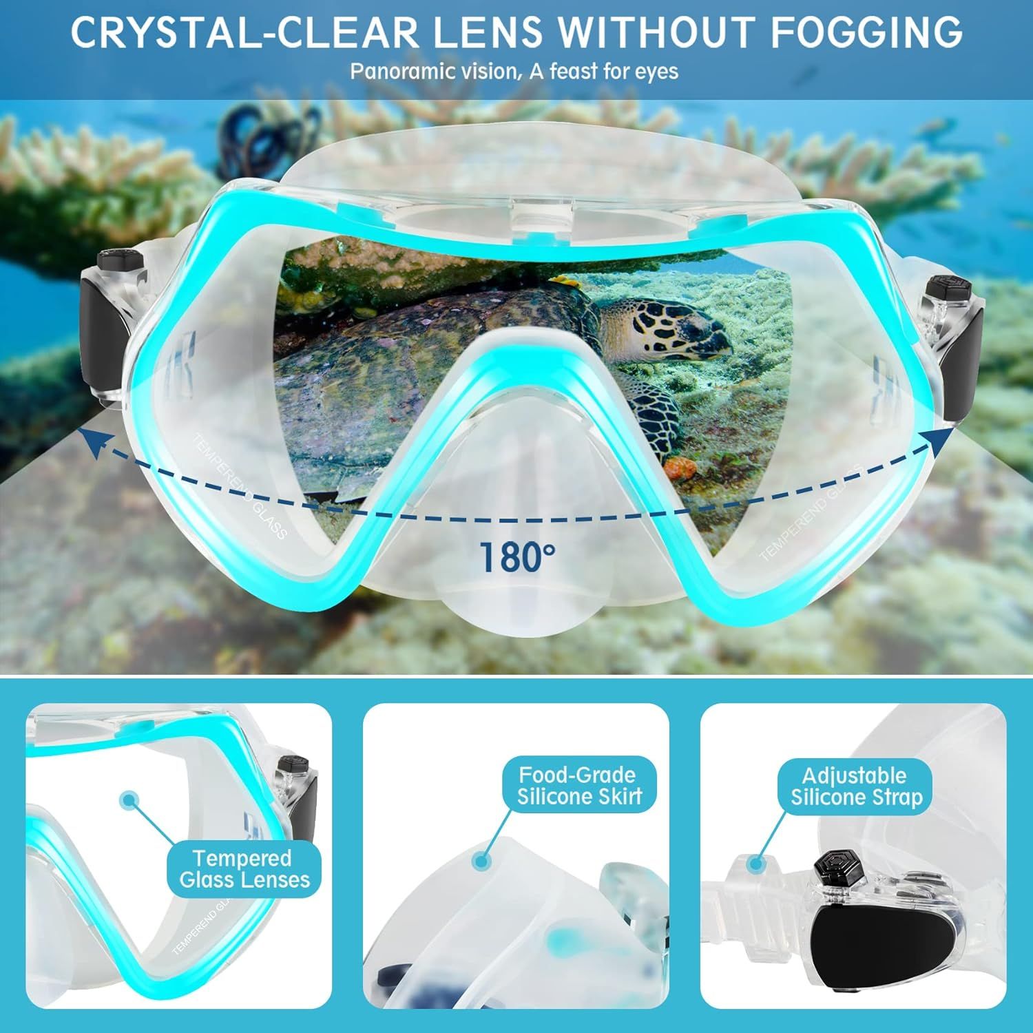 This image breaks down the snorkel mask's key physical components and materials to help shoppers understand the product's construction quality and design features. Communicates multiple distinct…