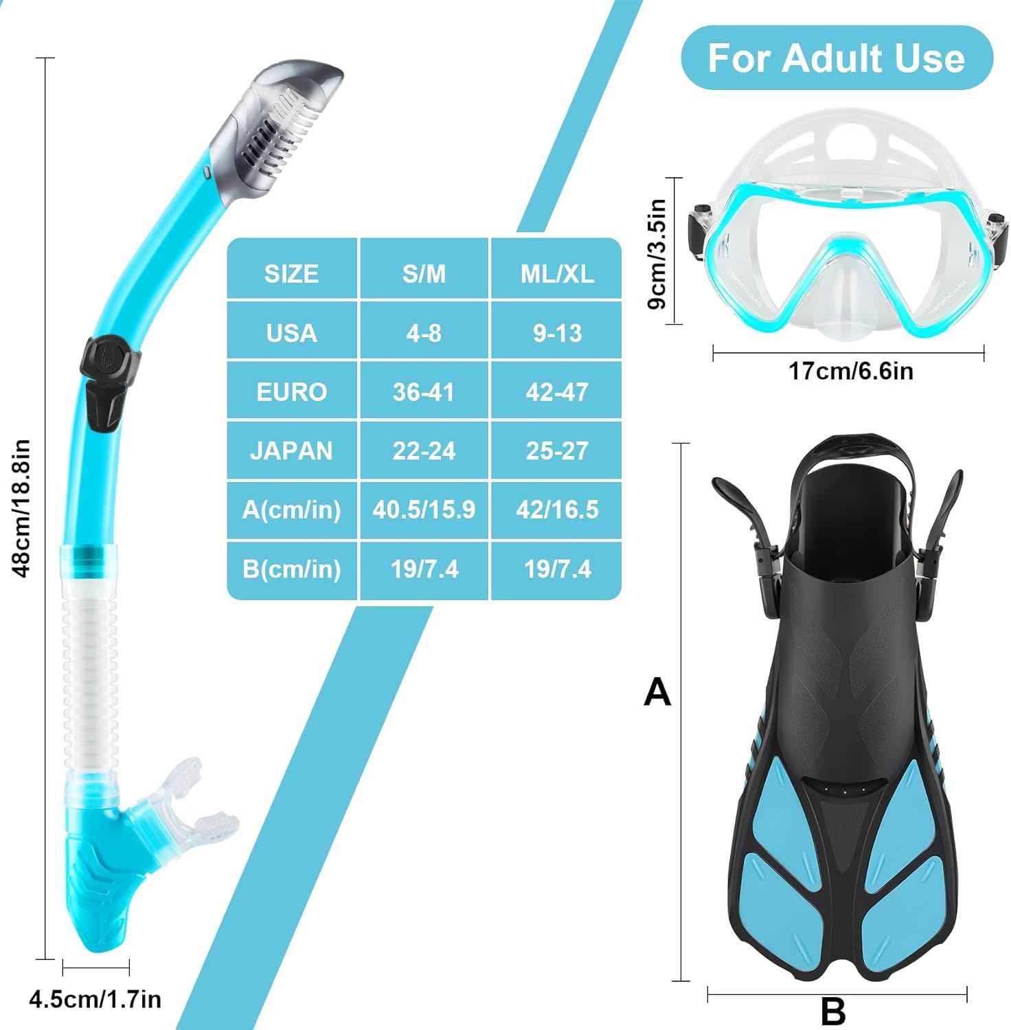 Provides detailed physical measurements of the snorkel set components (mask, snorkel, fins) and includes a sizing chart to help shoppers select the correct size based on their shoe size in different…