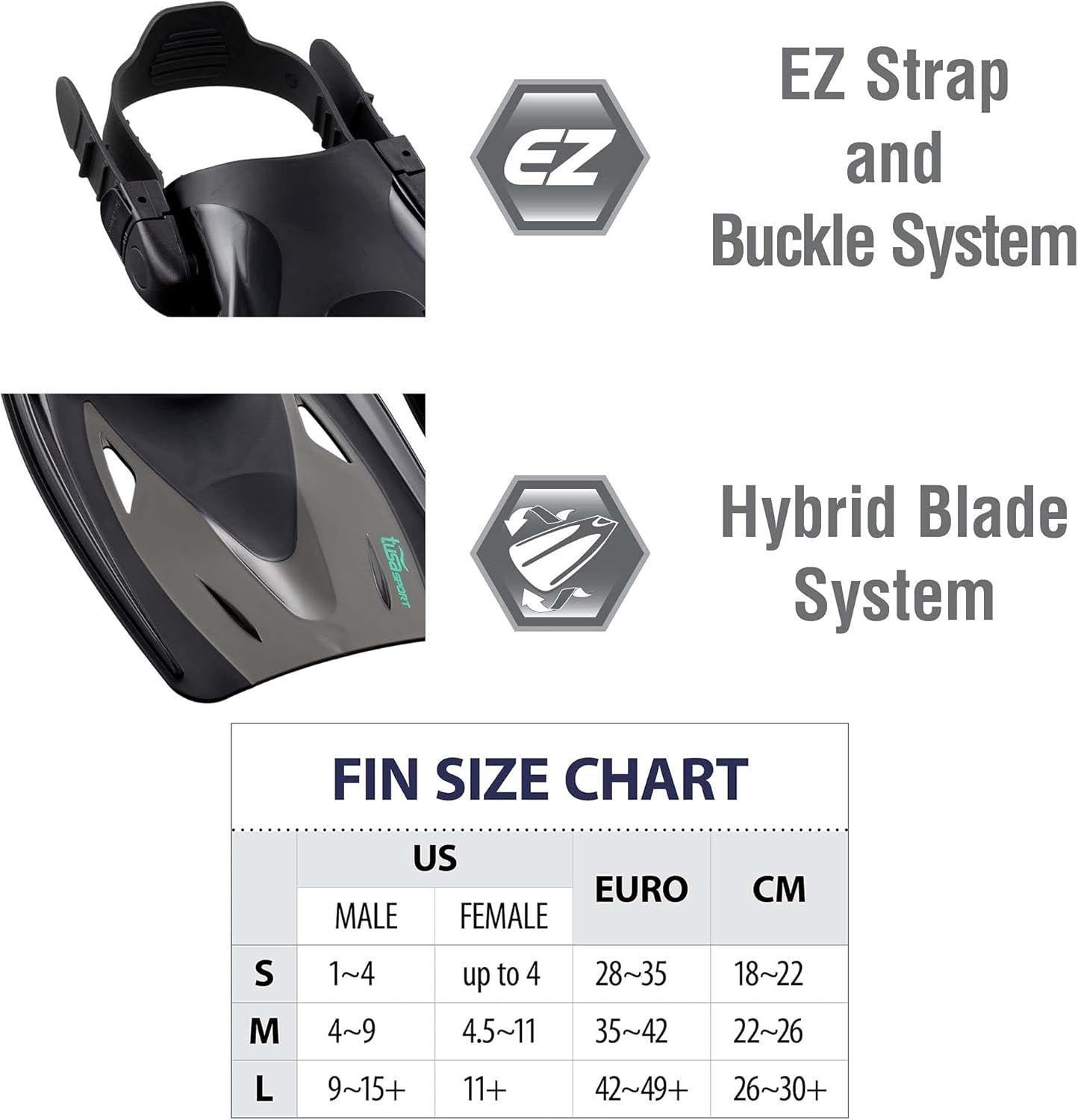 Provides a detailed sizing chart to help shoppers select the correct fin size based on US, Euro, and CM measurements for both male and female users, while also highlighting key product features.…