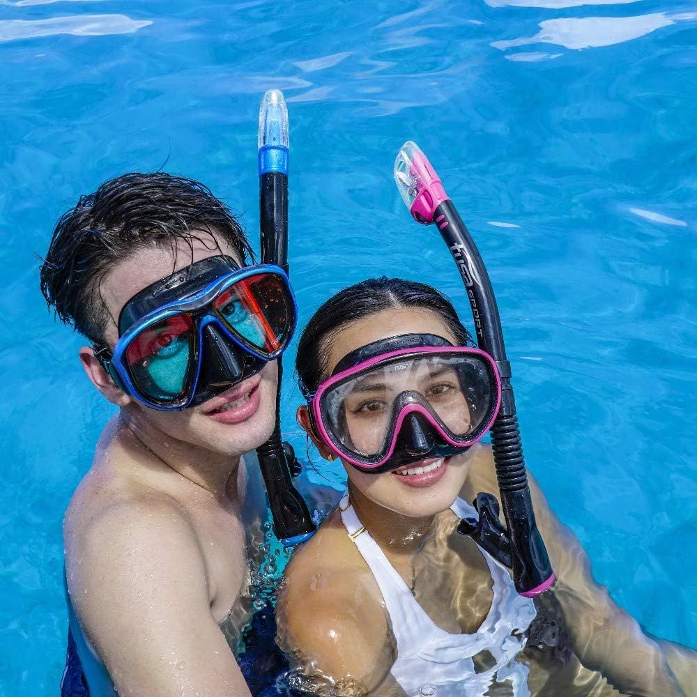 Demonstrates the product in a real-world recreational setting to help shoppers visualize themselves using the snorkel gear during pool or water activities.