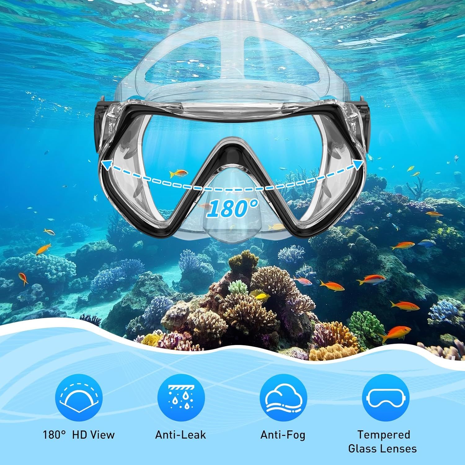 Showcases multiple key benefits of the snorkel mask in a segmented layout to communicate its superior performance features and reassure shoppers of its quality and functionality.