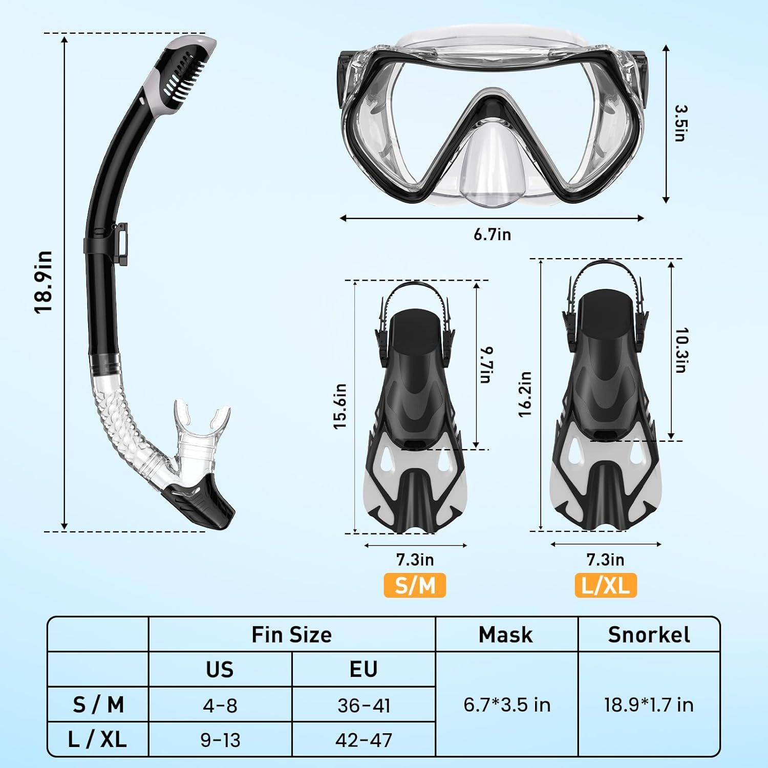 Provides exact measurements of the snorkel mask, fins, and snorkel tube to help shoppers understand the physical size of each component and choose the correct fin size (S/M or L/XL).