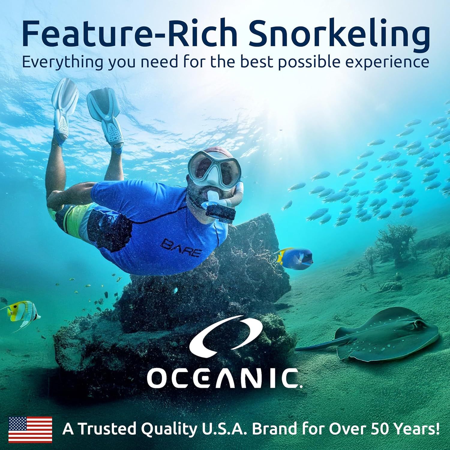 Communicates the brand's heritage and trustworthiness by highlighting that Oceanic is a trusted U.S.A. brand with over 50 years of experience, building credibility and confidence in the product line.