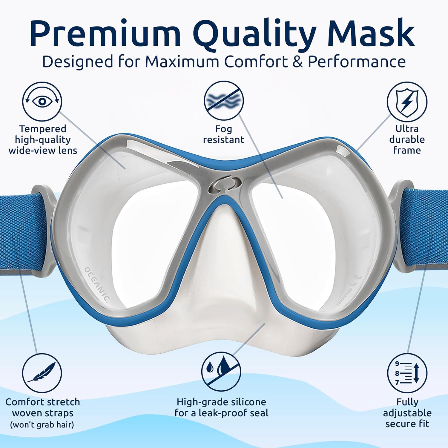 This image breaks down the diving mask's key physical components and features to help shoppers understand the product's construction, quality materials, and functional design elements that…