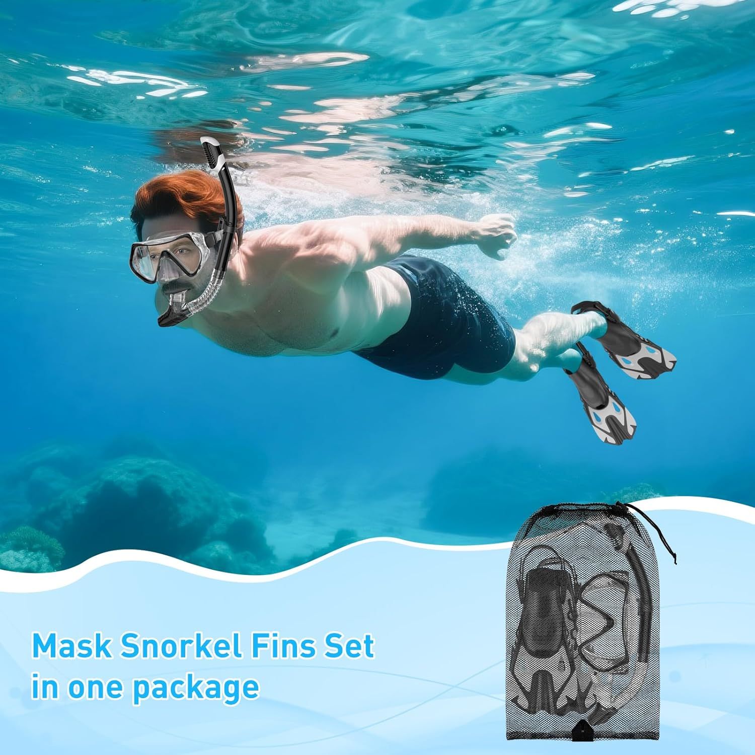 Shows the customer that they receive a complete snorkeling kit (mask, snorkel, fins) packaged together in a convenient mesh bag, emphasizing the bundle value and convenience.