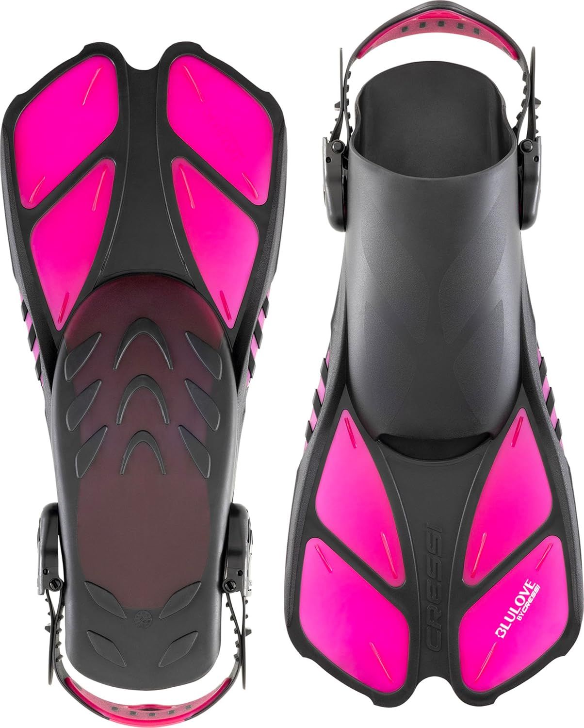 Provides a clean, professional catalog-style view of the swim fins from multiple angles to help shoppers see the product design, color, and construction details.